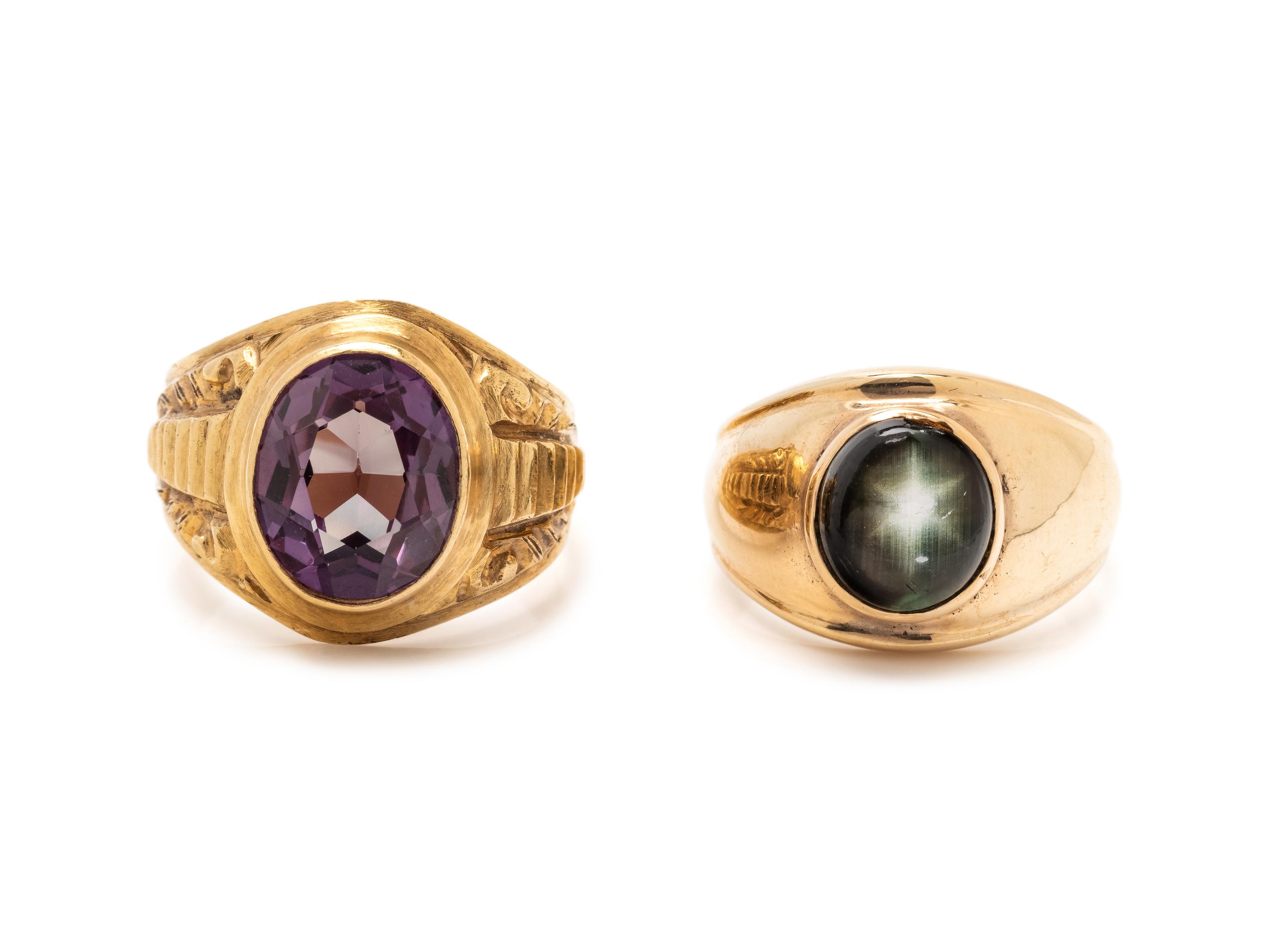 COLLECTION OF YELLOW GOLD AND SYNTHETIC GEMSTONE RINGS