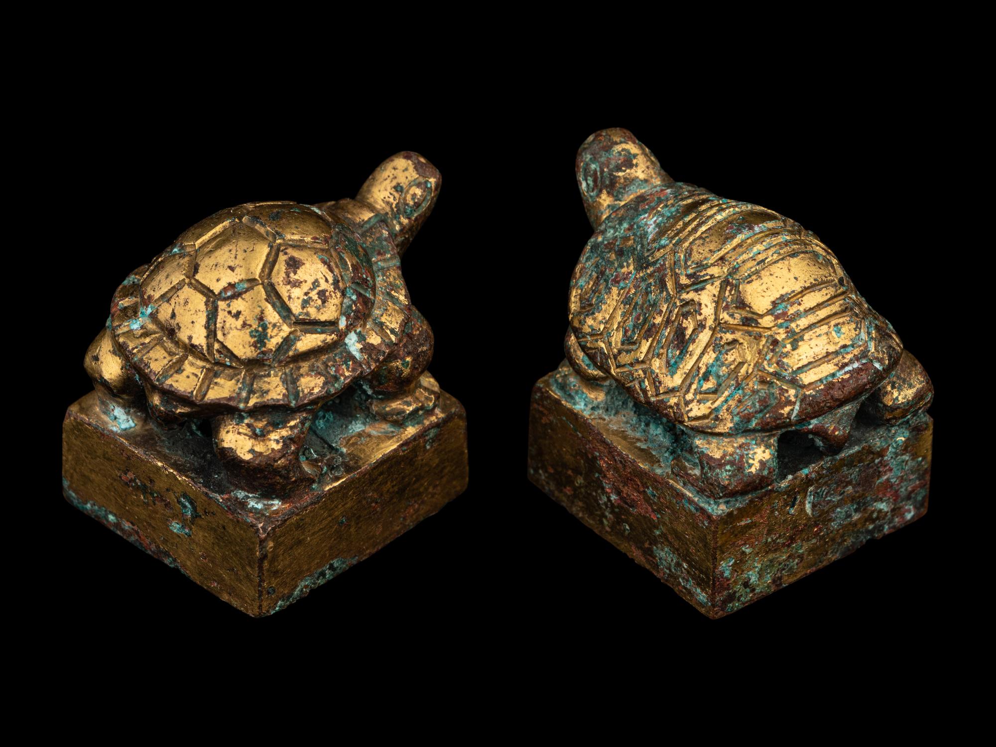 Two Gilt Bronze 'Tortoise' Square Seals
