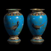 A Pair of Japanese Turquoise Ground Cloisonné 'Pheasant' Vases, Meiji Period