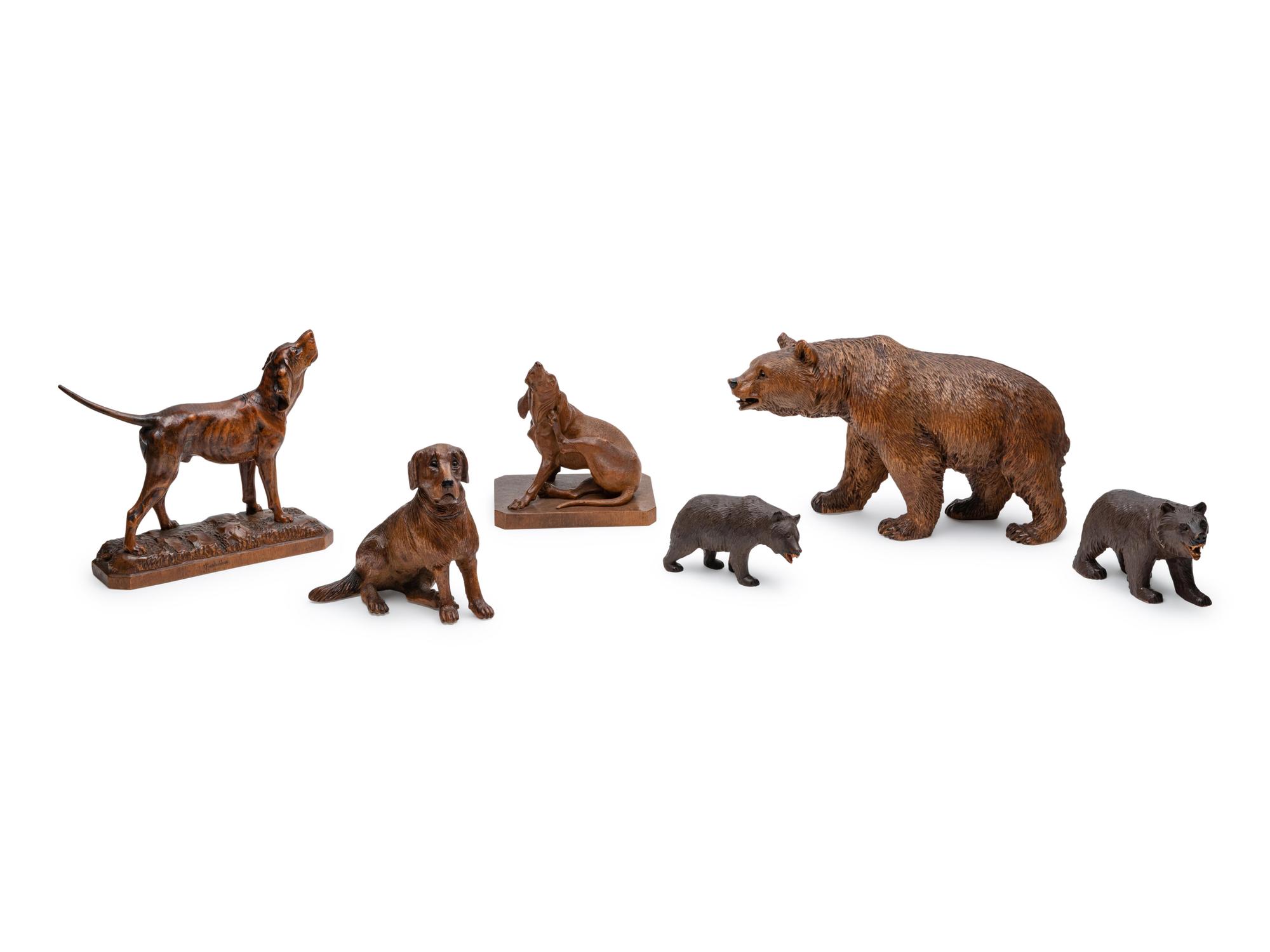 Six Black Forest Carved Oak Animal Figures
