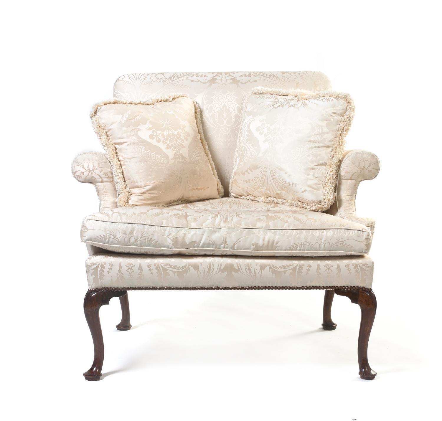 A Queen Anne Style Walnut Double Wide Armchair, Height 38 inches.