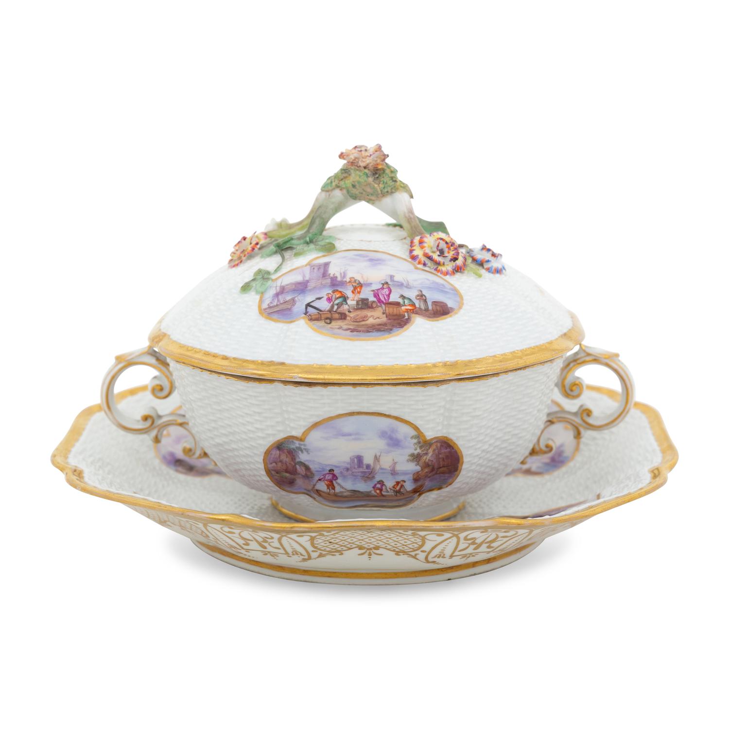 A Meissen Porcelain Ozier-Molded Scenic Tureen with Stand