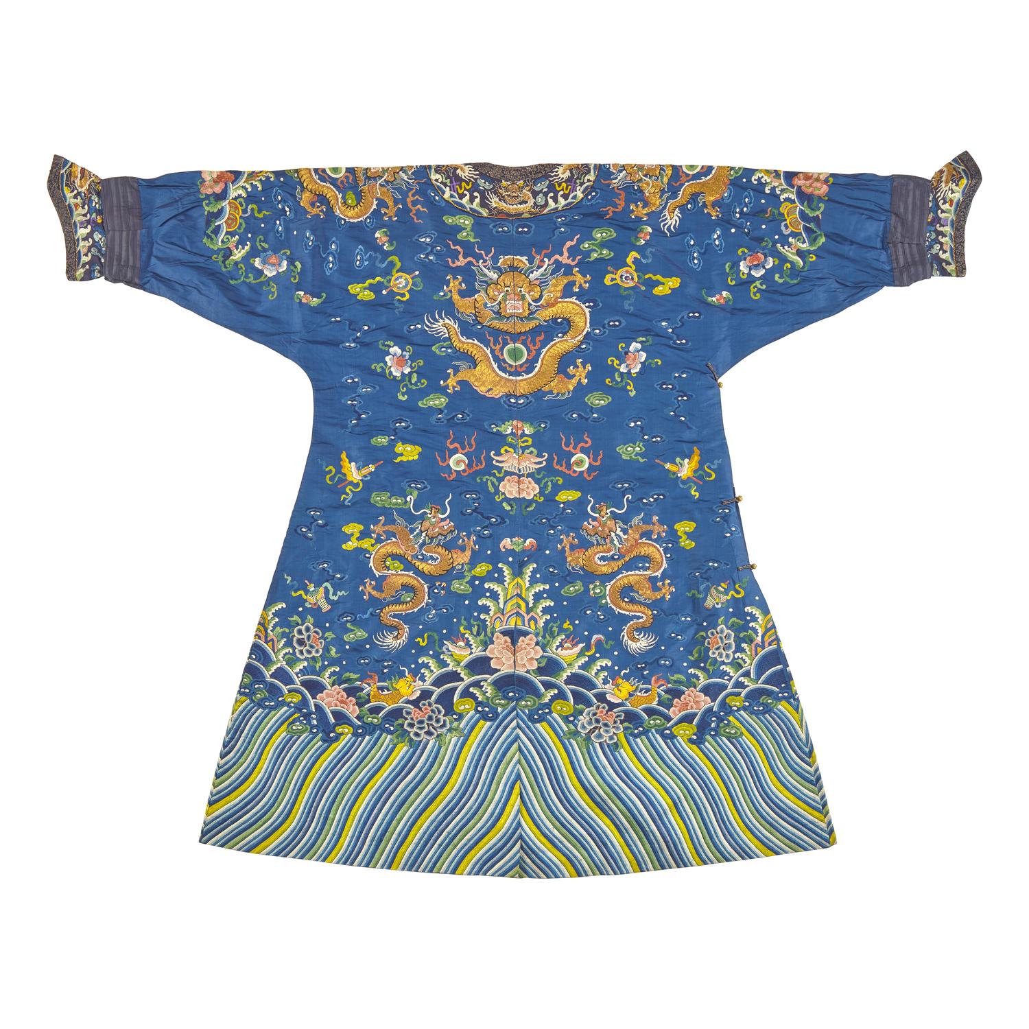 A Chinese Embroidered Blue Silk Dragon Robe, Second Half 19th Century — 晚清 藍緞地綉龍紋袍