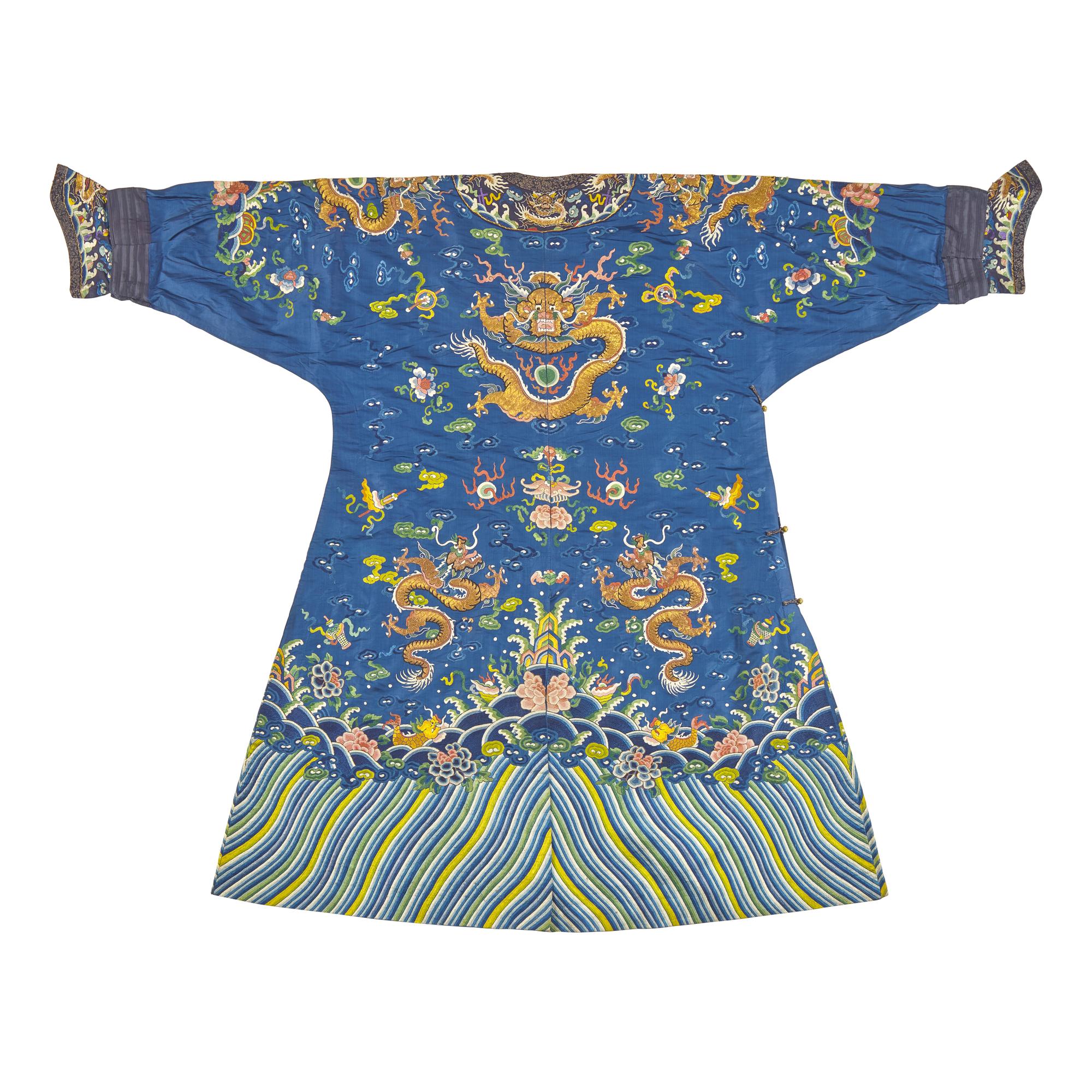 A Chinese Embroidered Blue Silk Dragon Robe, Second Half 19th Century — 晚清 藍緞地綉龍紋袍