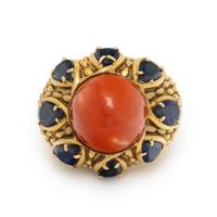 CORAL, SAPPHIRE, AND YELLOW GOLD RING