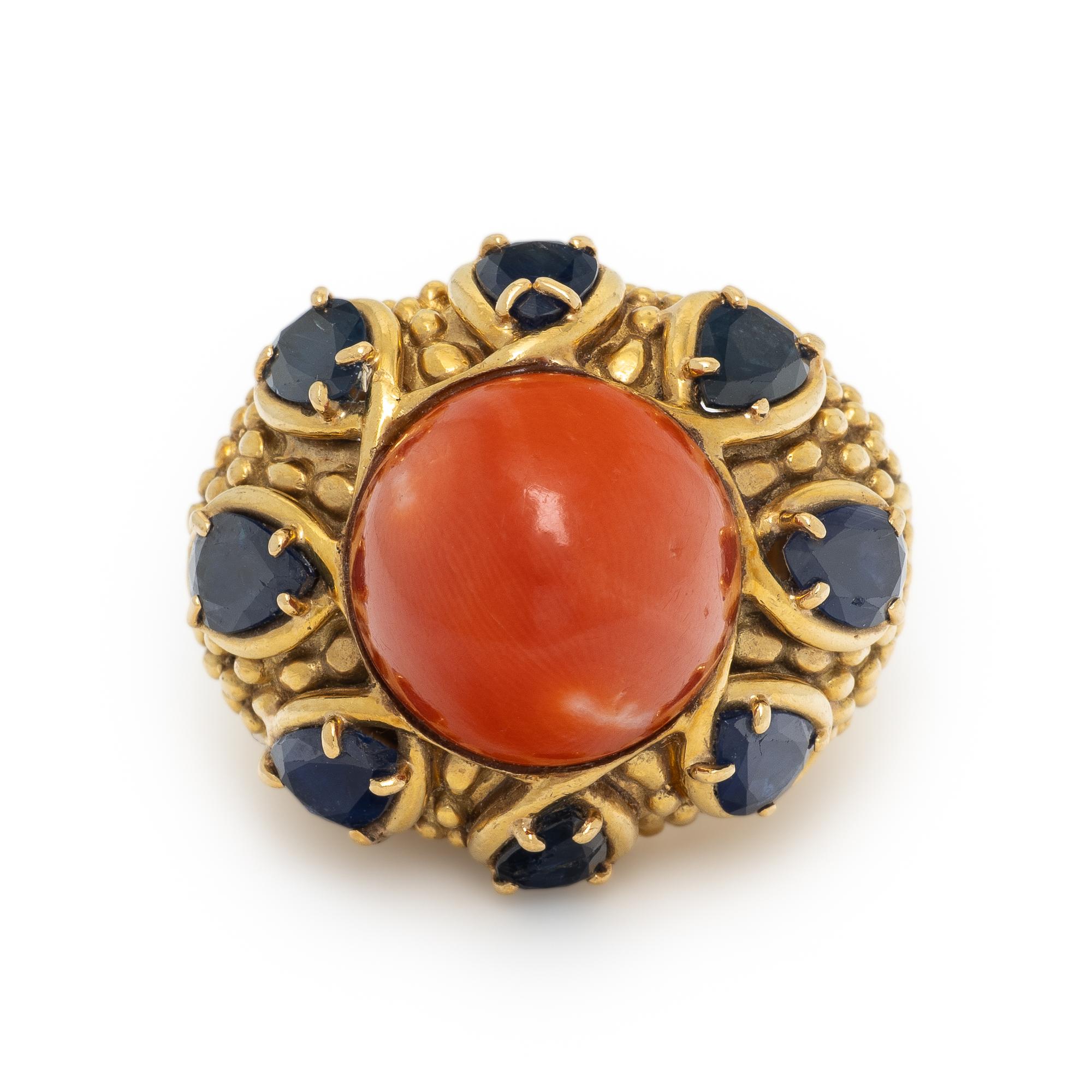 CORAL, SAPPHIRE, AND YELLOW GOLD RING