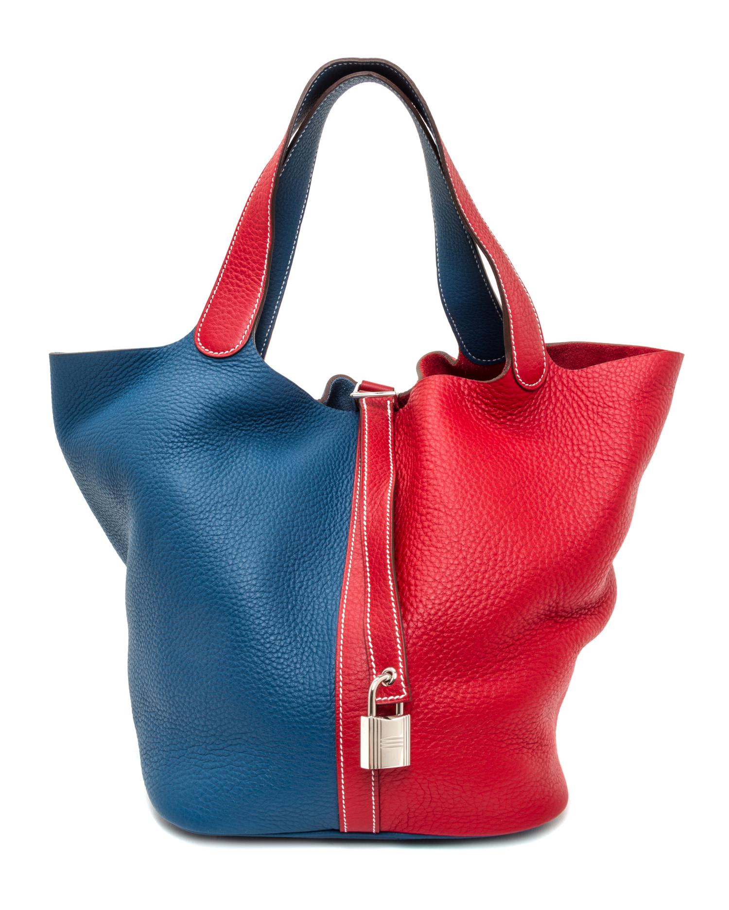 An Hermes Rouge Casaque and Bleu Taurillon Clemence Picotin Lock GM Handbag, 10.5" x 10.5" x 8.5".