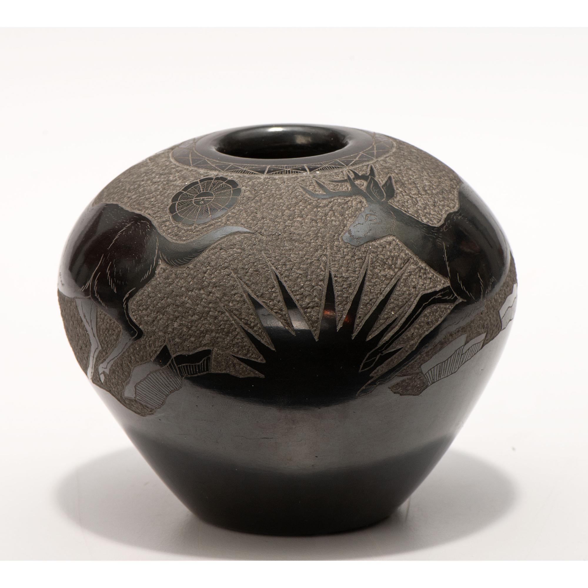 Blackware Sgraffito Pottery Jar, with Deer