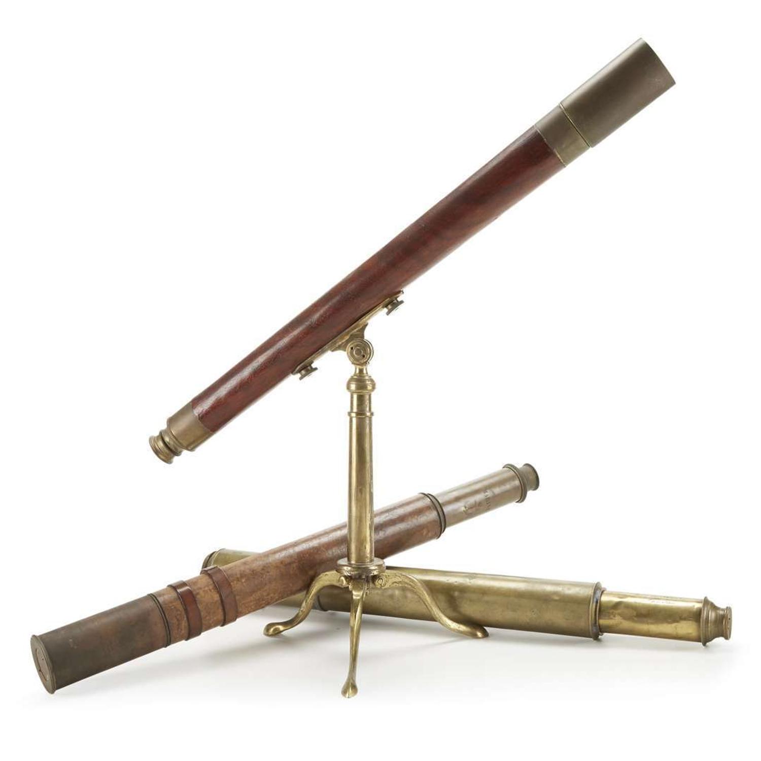 Three brass, mahogany, and leather telescopes 19th century