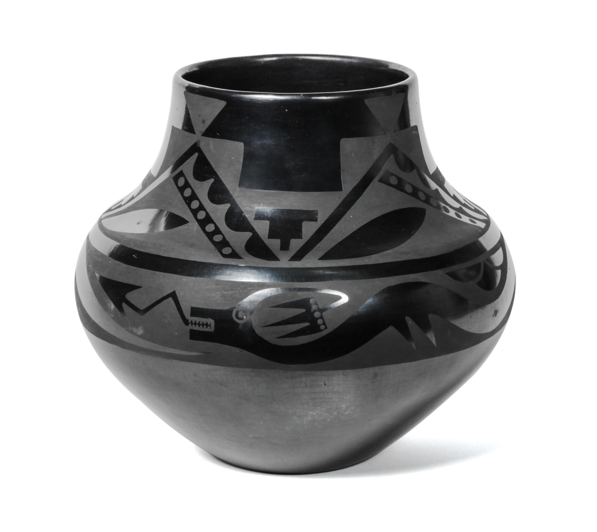 Maria Martinez and Popovi Da (1887-1980, 1922-1971) San Ildefonso Blackware Jar Height 10 x width 11 inches