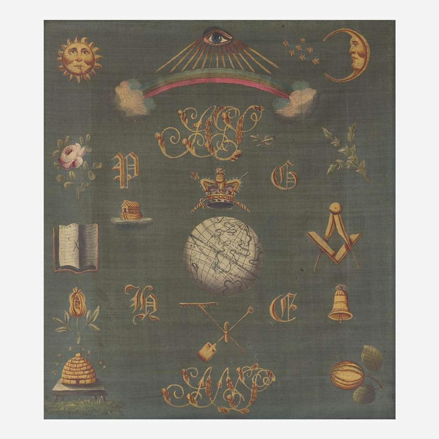 A framed Ancient Order of Free Gardeners painted linen banner England or Scotland, late 18th / early 19th century