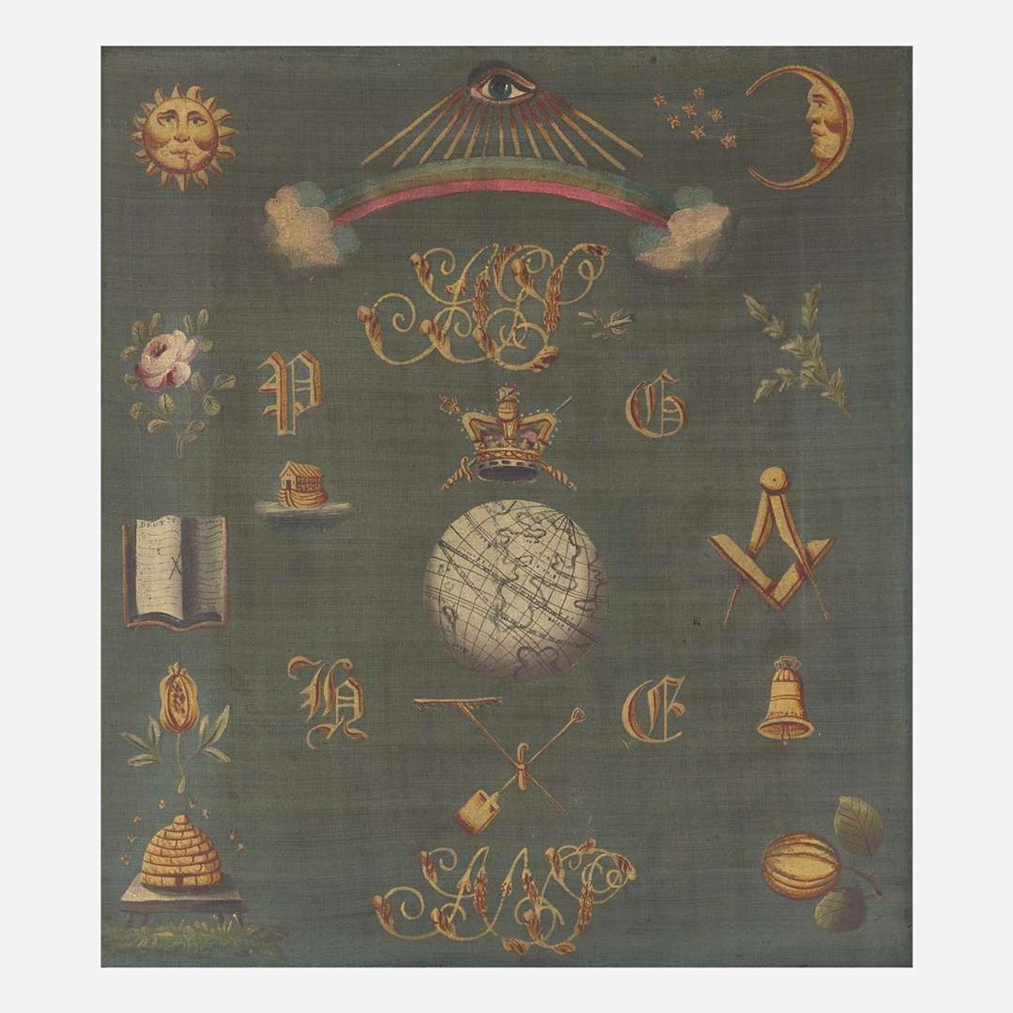 A framed Ancient Order of Free Gardeners painted linen banner England or Scotland, late 18th / early 19th century