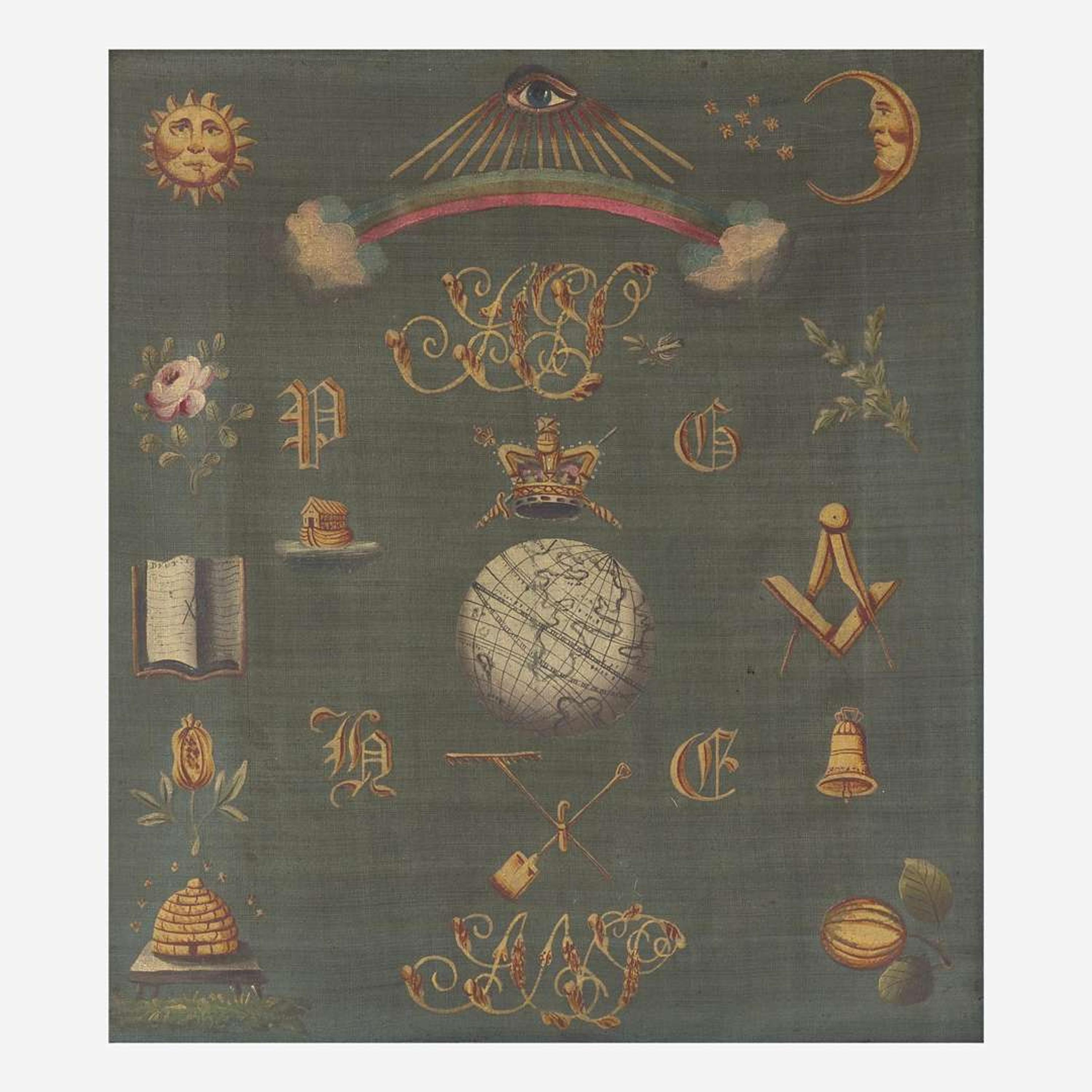 A framed Ancient Order of Free Gardeners painted linen banner England or Scotland, late 18th / early 19th century
