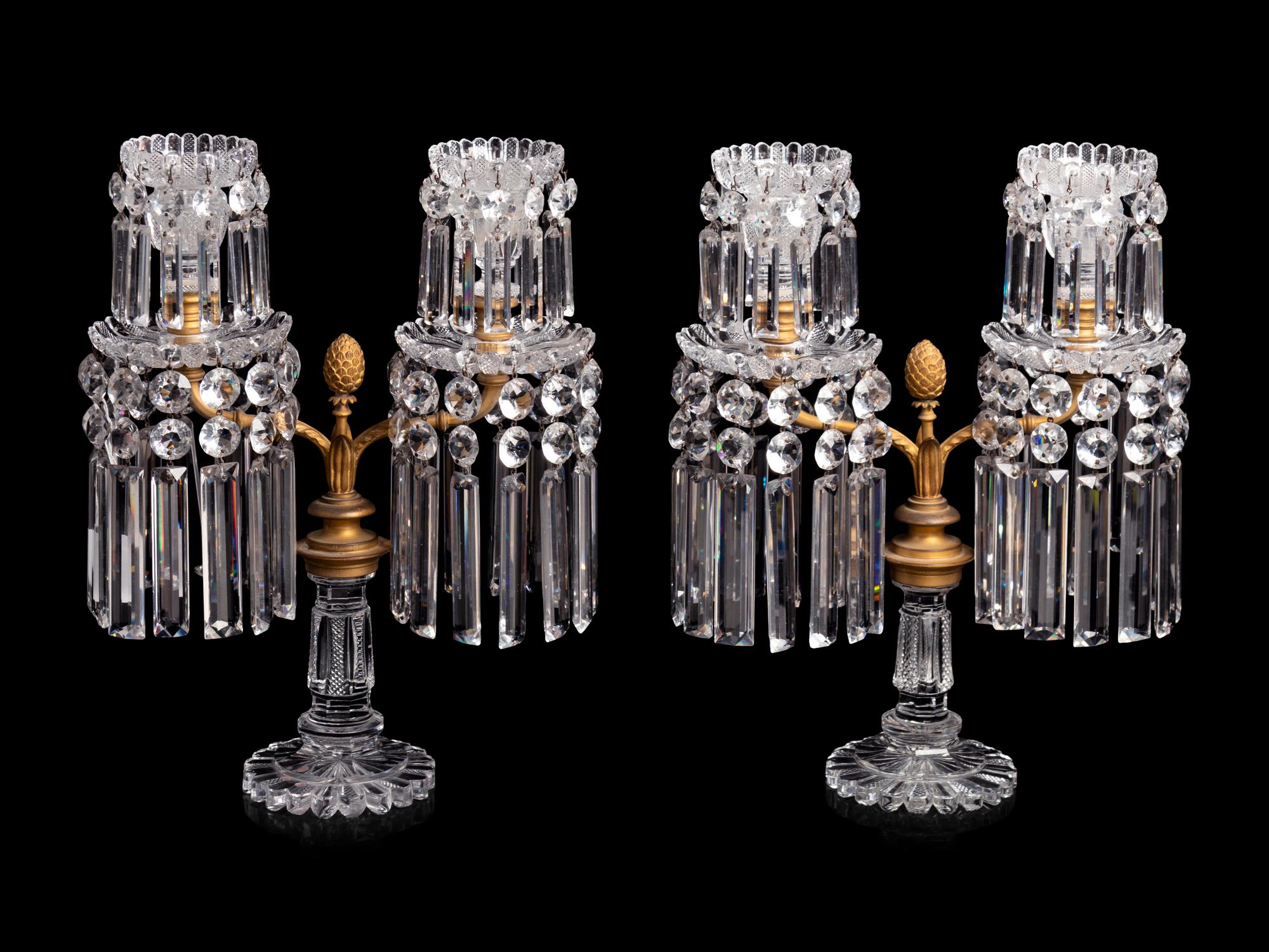 A Pair of French Gilt Bronze and Cut Glass Two-Light Candelabra