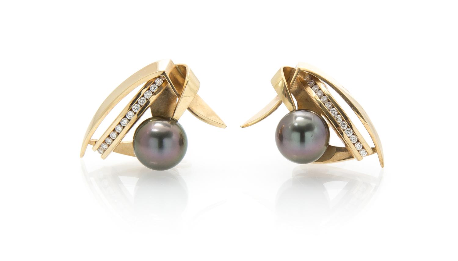 A Pair of Yellow Gold, Tahitian Pearl and Diamond Earclips, Matthew C. Hoffman, 12.40 dwts.