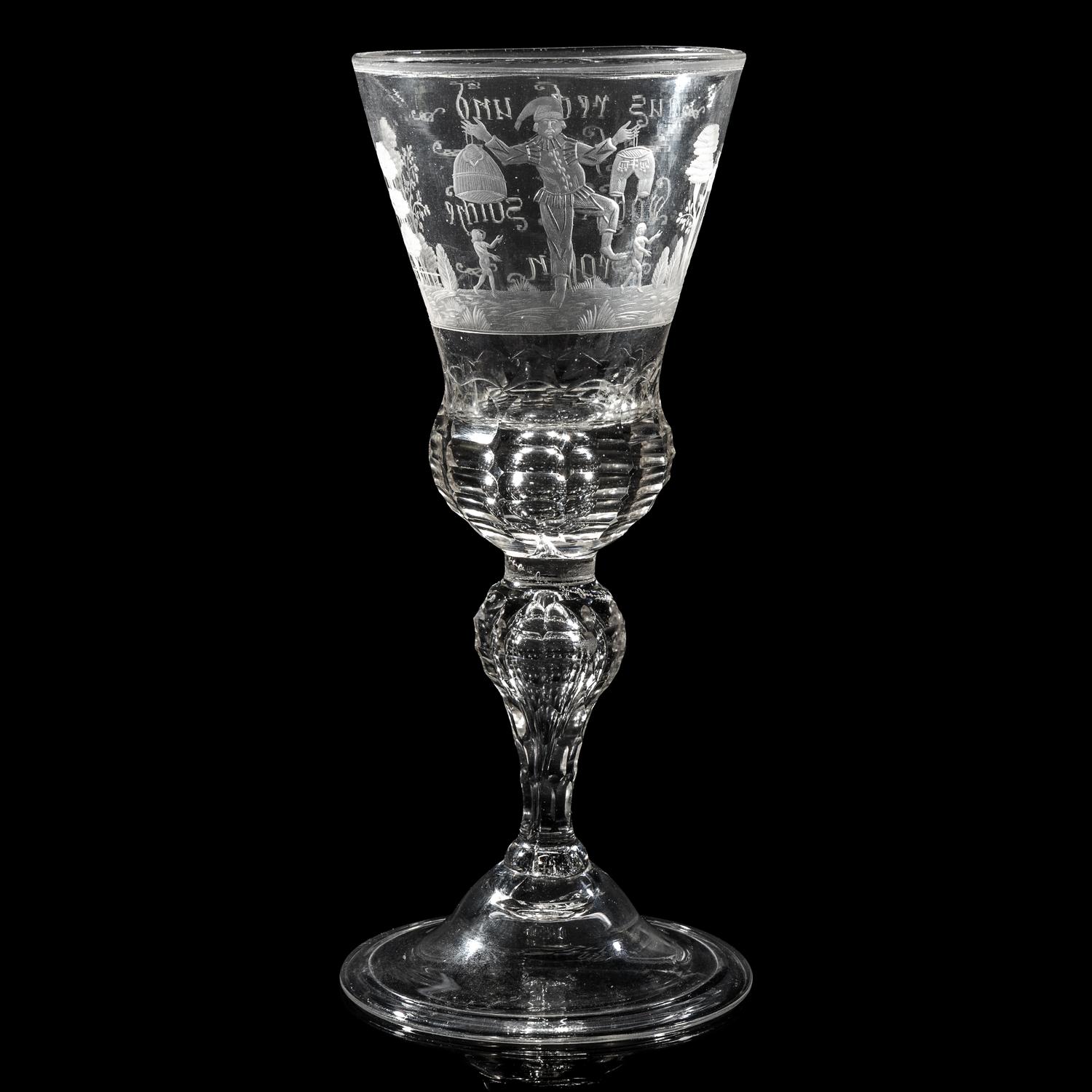 A German Engraved and Faceted Glass Wine Stem