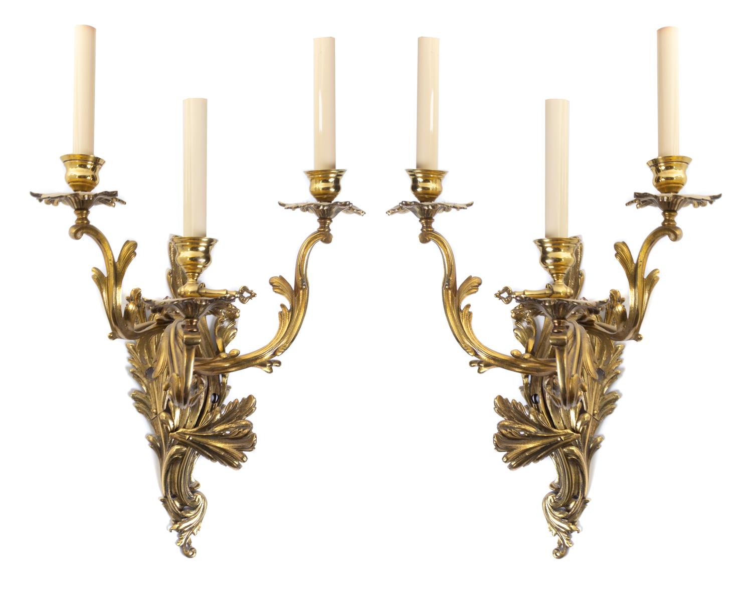 A Pair of Louis XV Style Gilt Bronze Three-Light Sconces