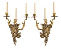 A Pair of Louis XV Style Gilt Bronze Three-Light Sconces
