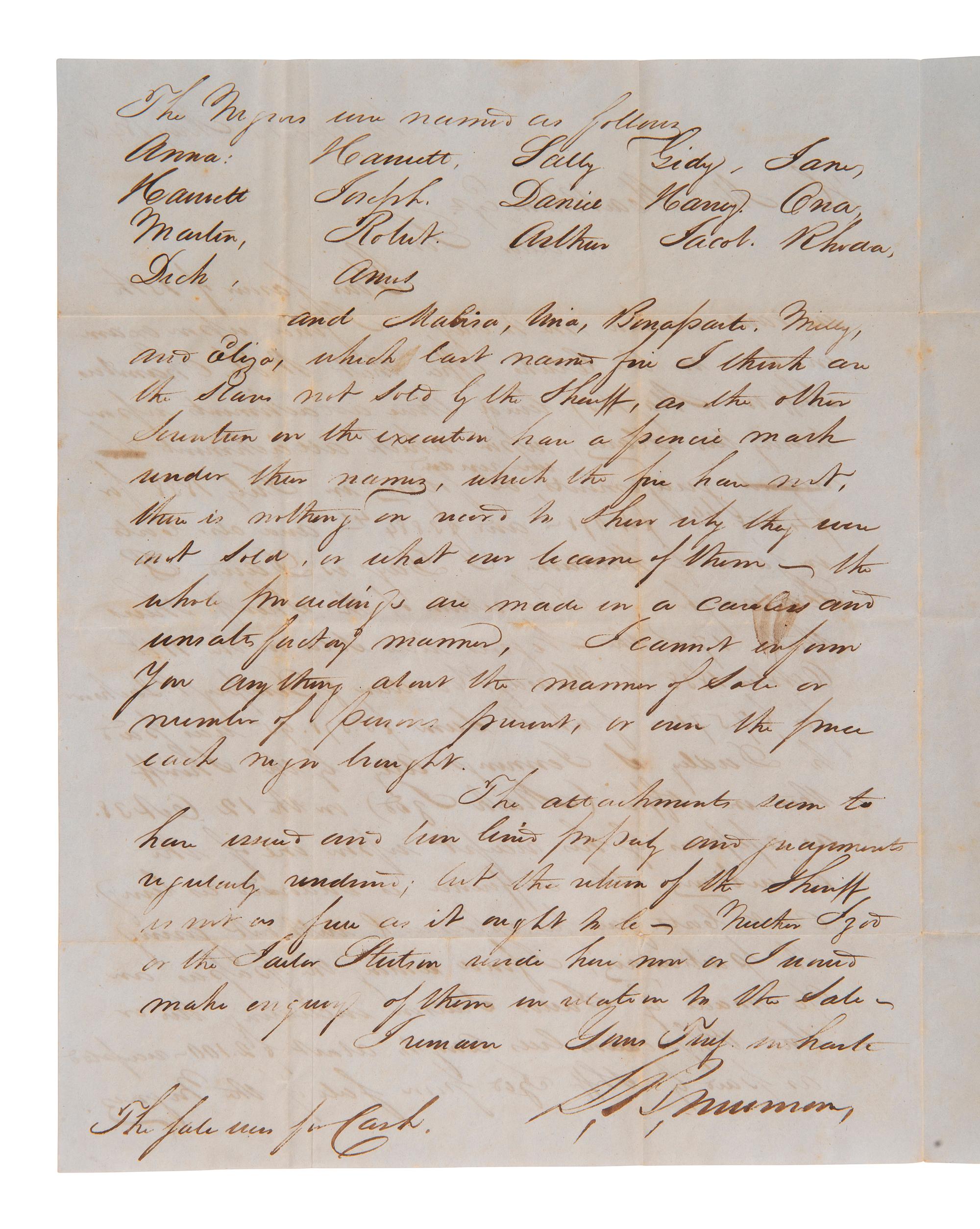 [ENSLAVEMENT]. Letter regarding the sale of 22 named enslaved persons, with legal implications. 1846.