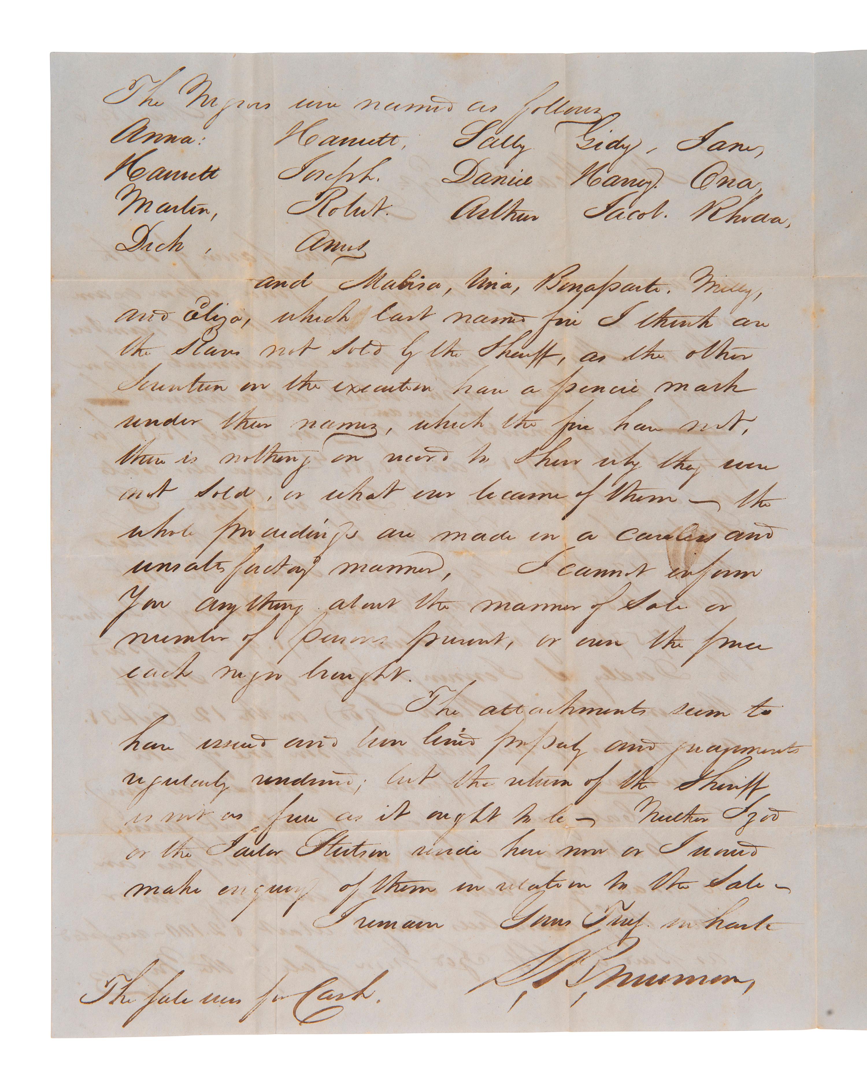 [ENSLAVEMENT]. Letter regarding the sale of 22 named enslaved persons, with legal implications. 1846.