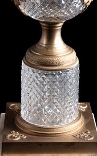 A Pair of Empire Style Gilt Metal Mounted Cut Glass Urns Mounted as Lamps