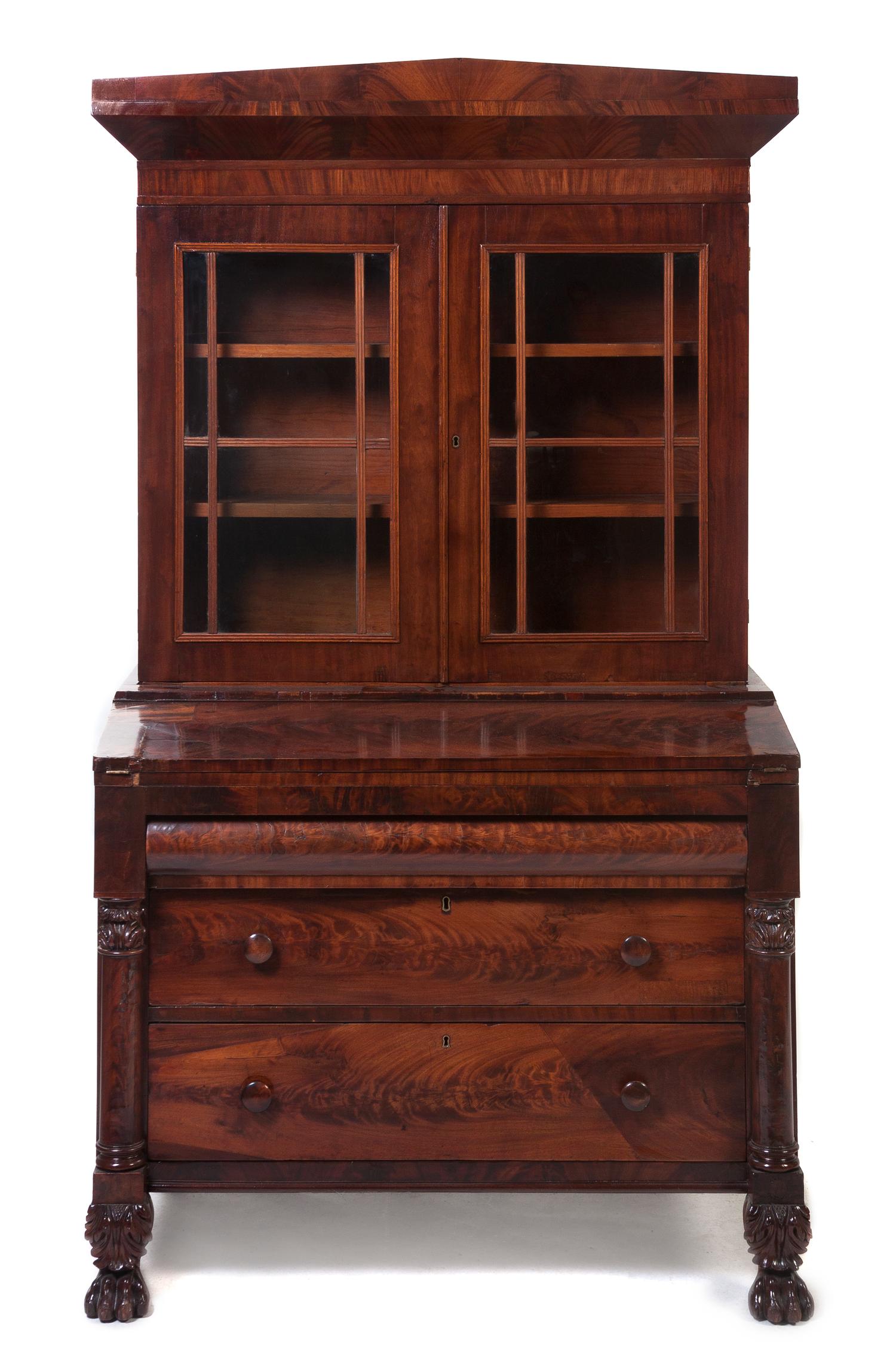 An American Empire Mahogany Secretary Bookcase, Height 73 x width 40 5/8 x depth 23 1/4 inches.