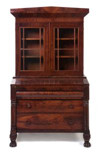 An American Empire Mahogany Secretary Bookcase, Height 73 x width 40 5/8 x depth 23 1/4 inches.