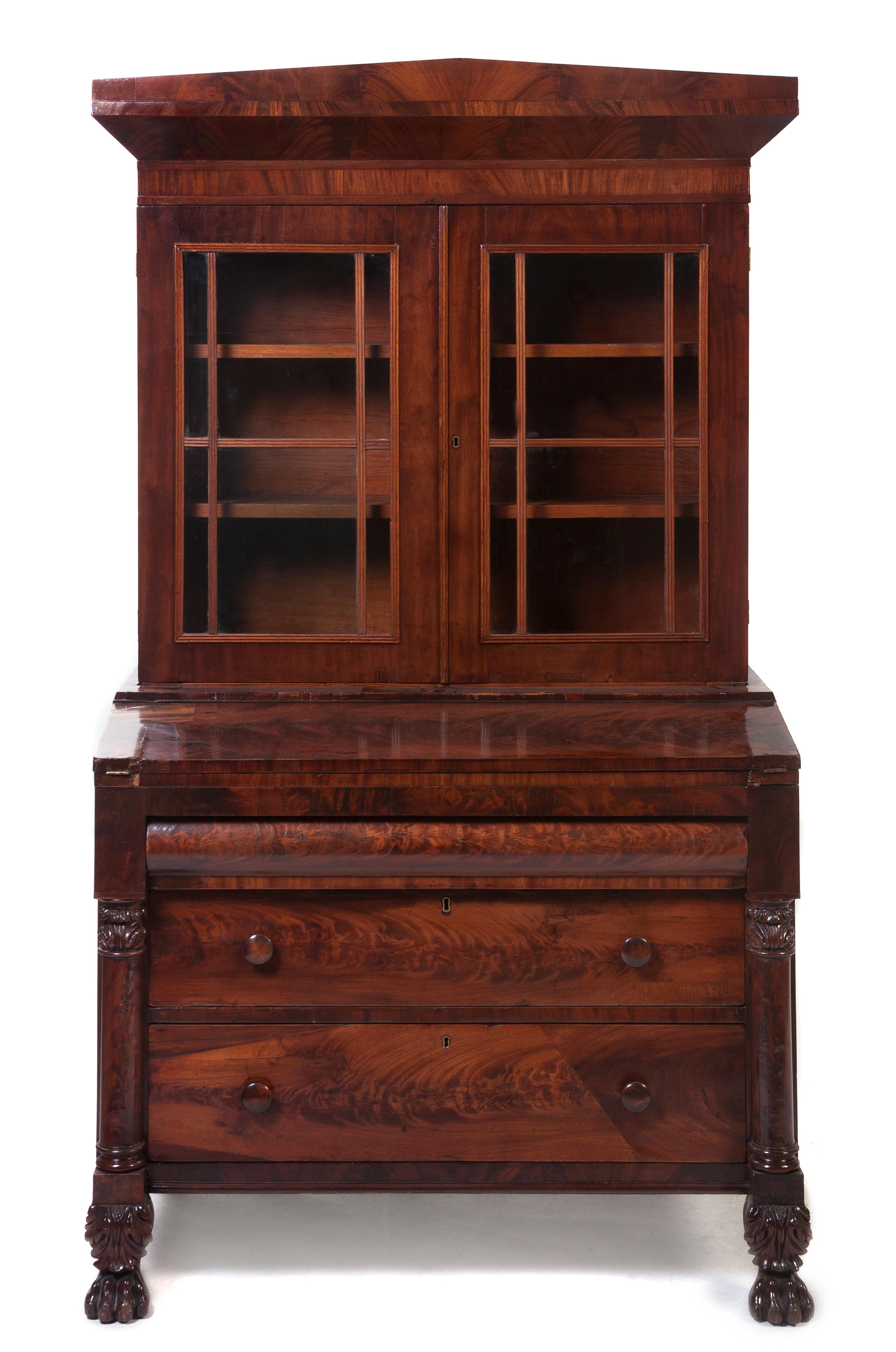 An American Empire Mahogany Secretary Bookcase, Height 73 x width 40 5/8 x depth 23 1/4 inches.