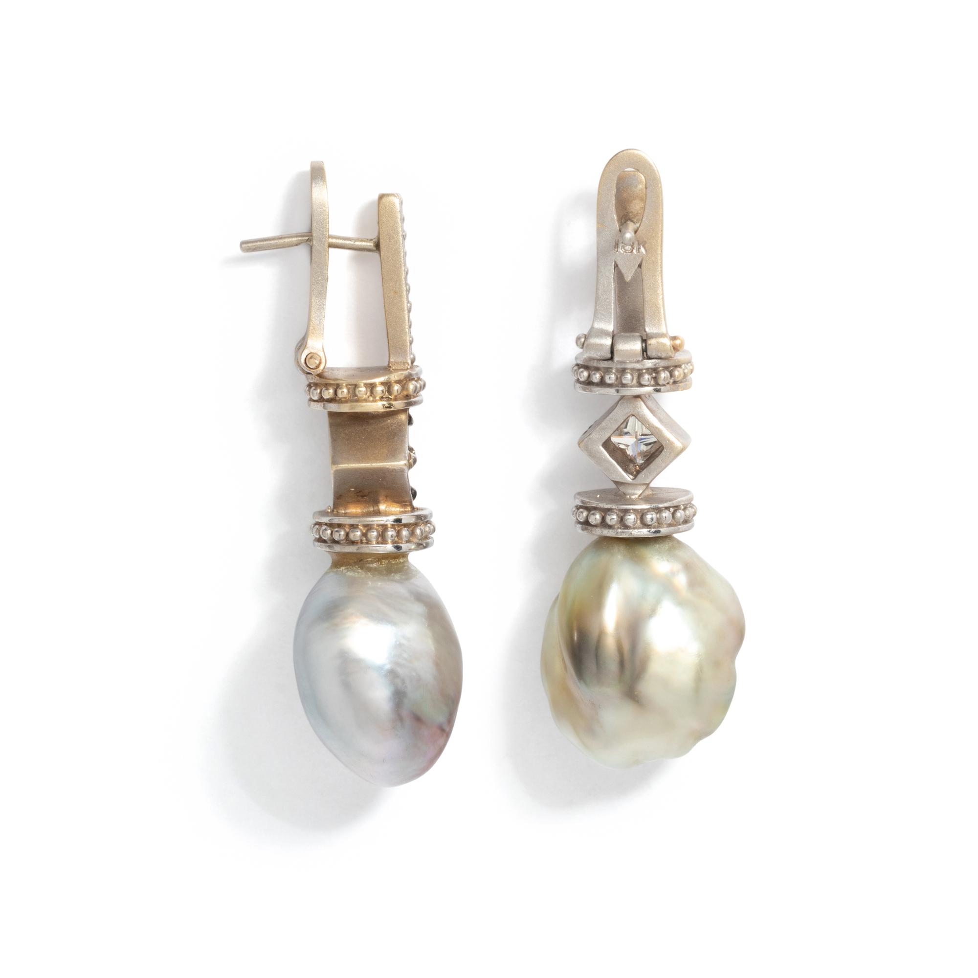 CULTURED GREY BAROQUE PEARL AND DIAMOND EARRINGS