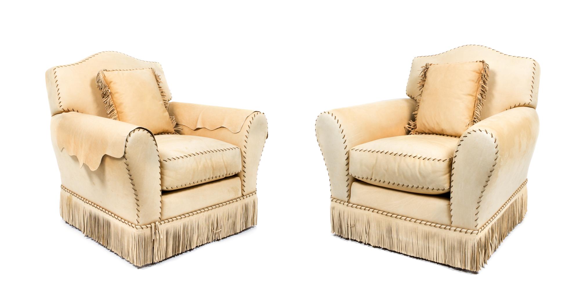 Two Western Style Upholstered Club Chairs, National Upholstery Company Height 36 x width 37 1/2 x depth 33 inches.