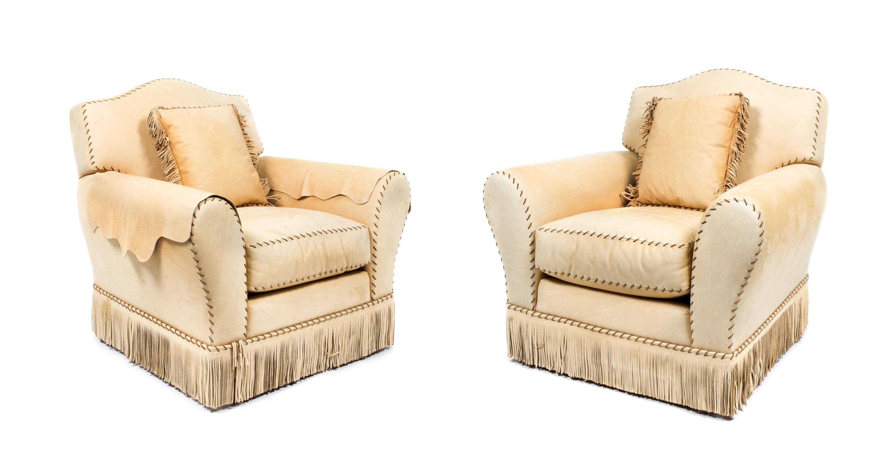 Two Western Style Upholstered Club Chairs, National Upholstery Company Height 36 x width 37 1/2 x depth 33 inches.