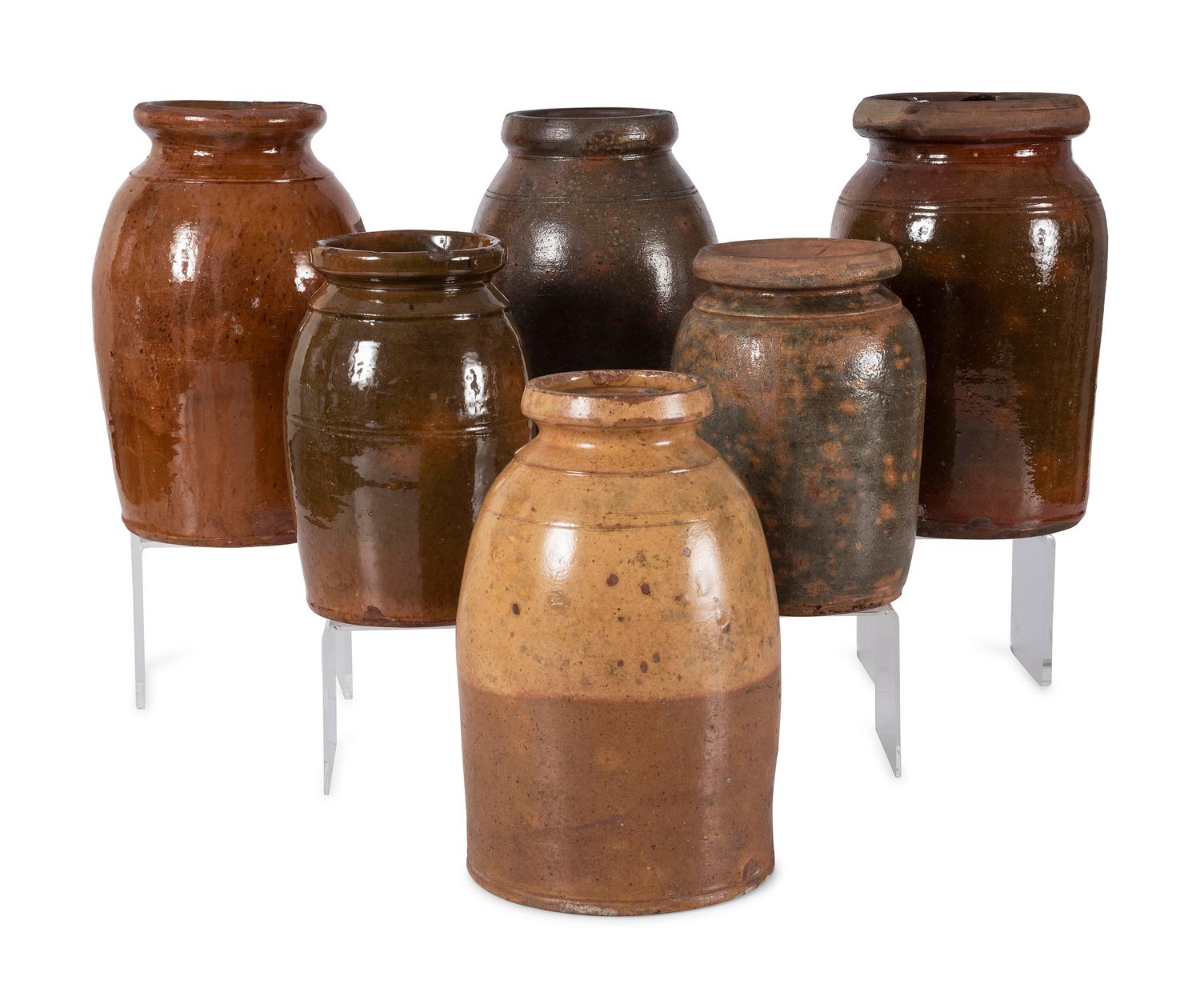 Six Galena Glaze Redware Crocks