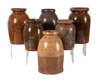 Six Galena Glaze Redware Crocks