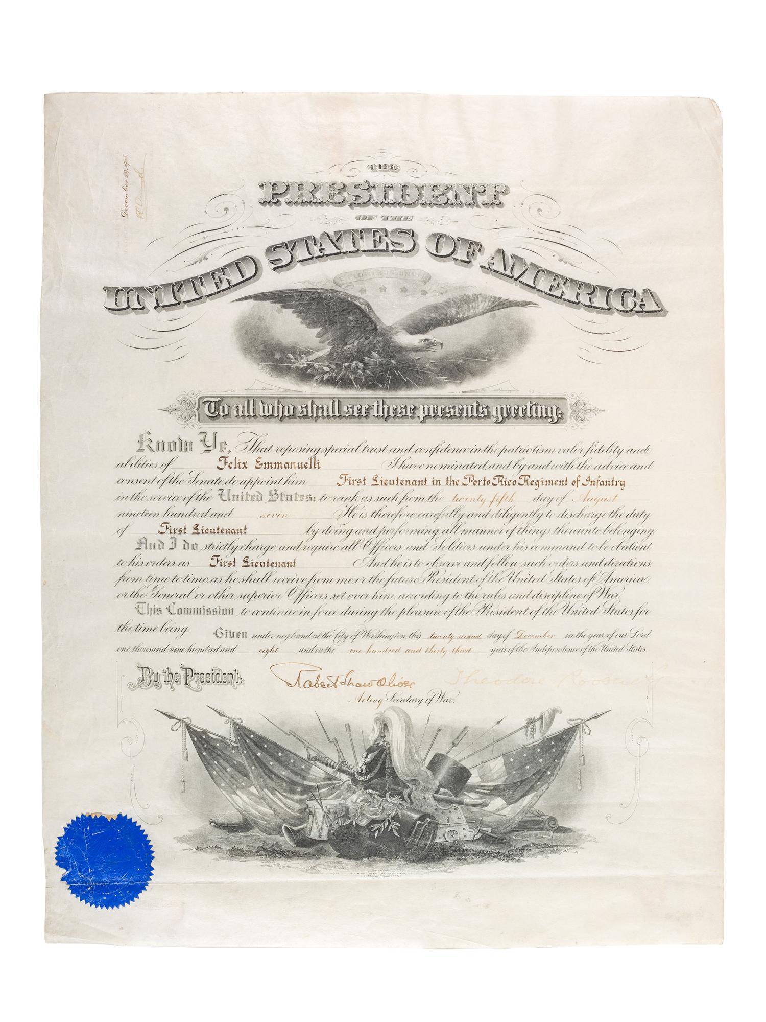 ROOSEVELT, Theodore (1858-1919). Two commission documents signed ("Theodore Roosevelt"), as President. Washington D.C., 1908.
