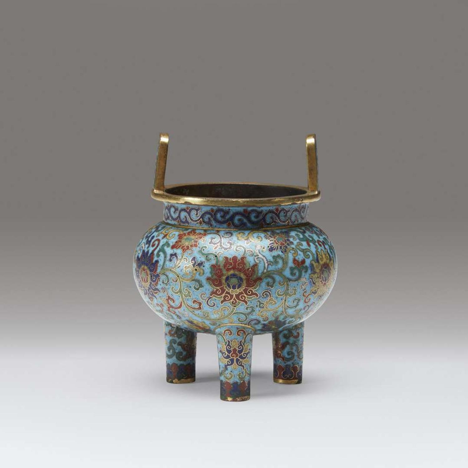 A Chinese cloisonné enamel tripod censer Qianlong mark and possibly of the period