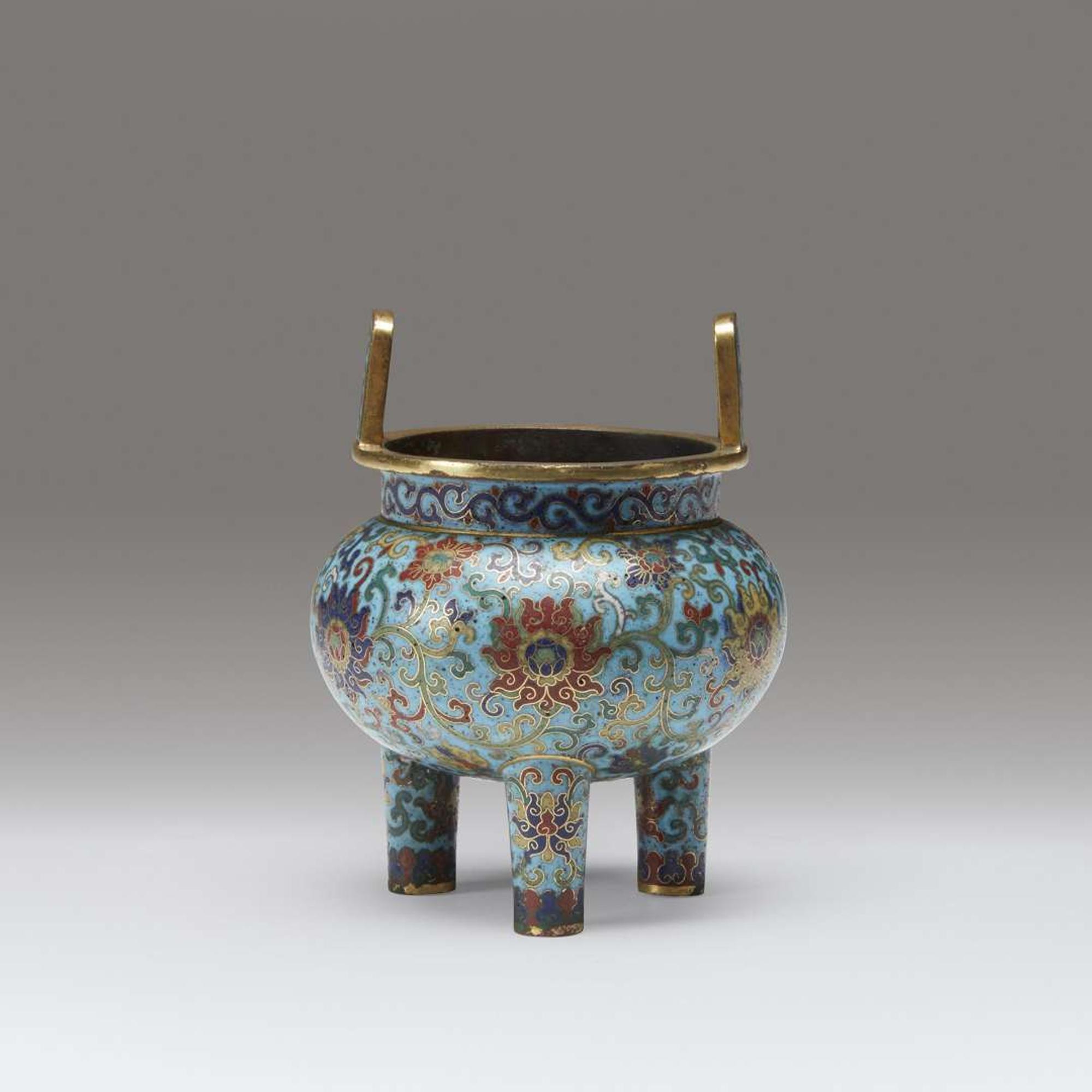 A Chinese cloisonné enamel tripod censer Qianlong mark and possibly of the period