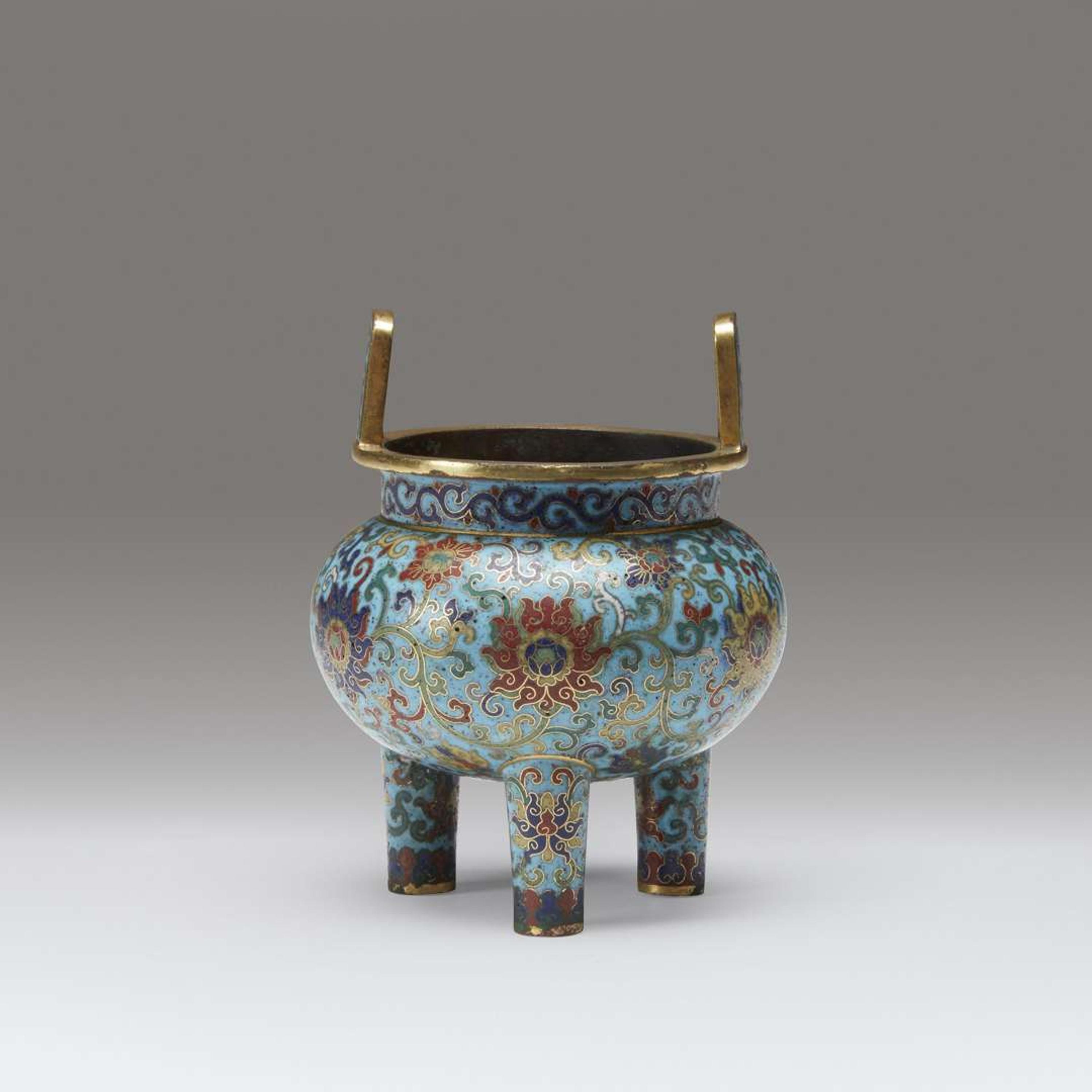 A Chinese cloisonné enamel tripod censer Qianlong mark and possibly of the period