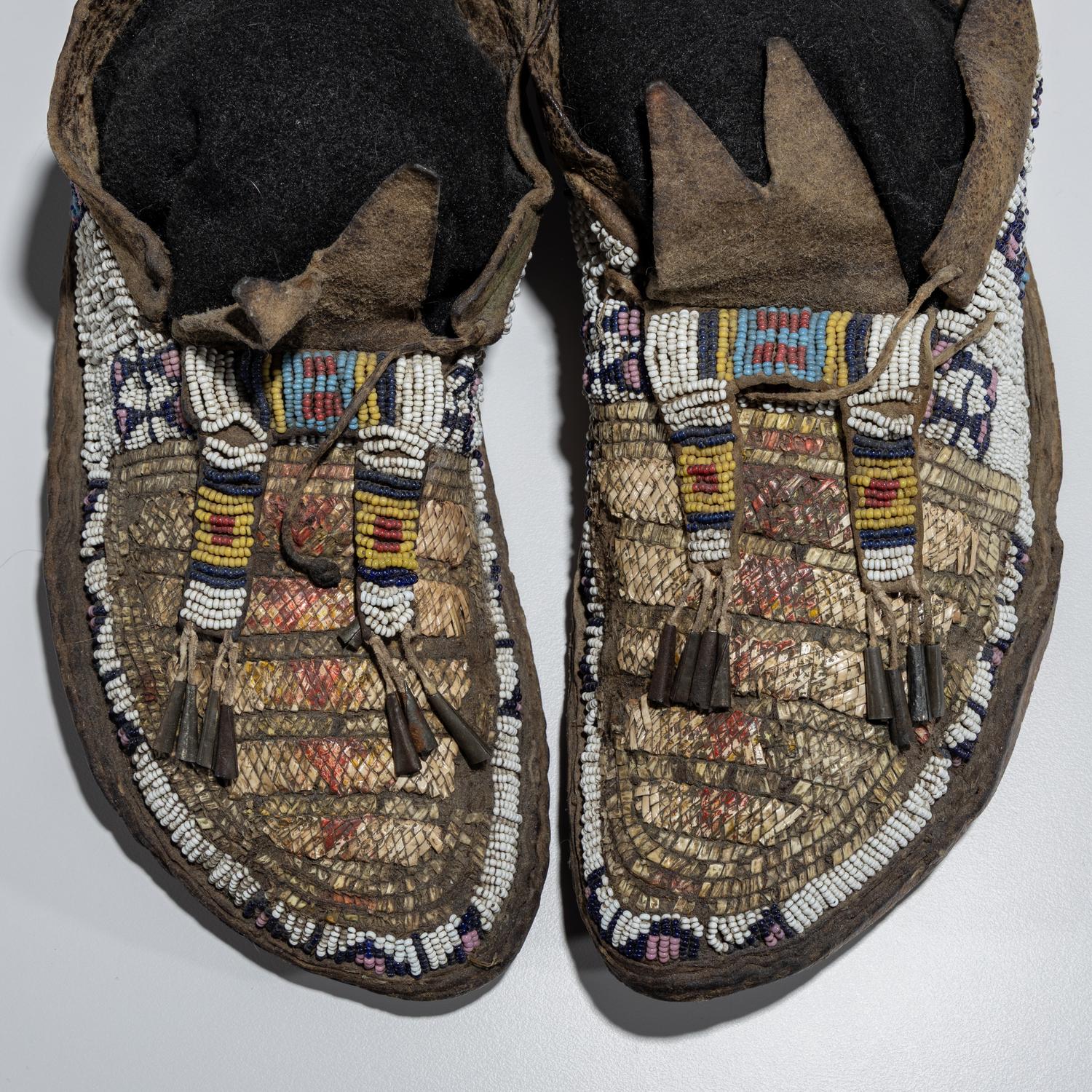 Northern Plains Beaded and Quilled Buffalo Hide Moccasins