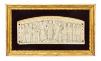 A Continental Carved Ivory Plaque, Height of ivory 3 1/4 x width 8 1/4 inches.