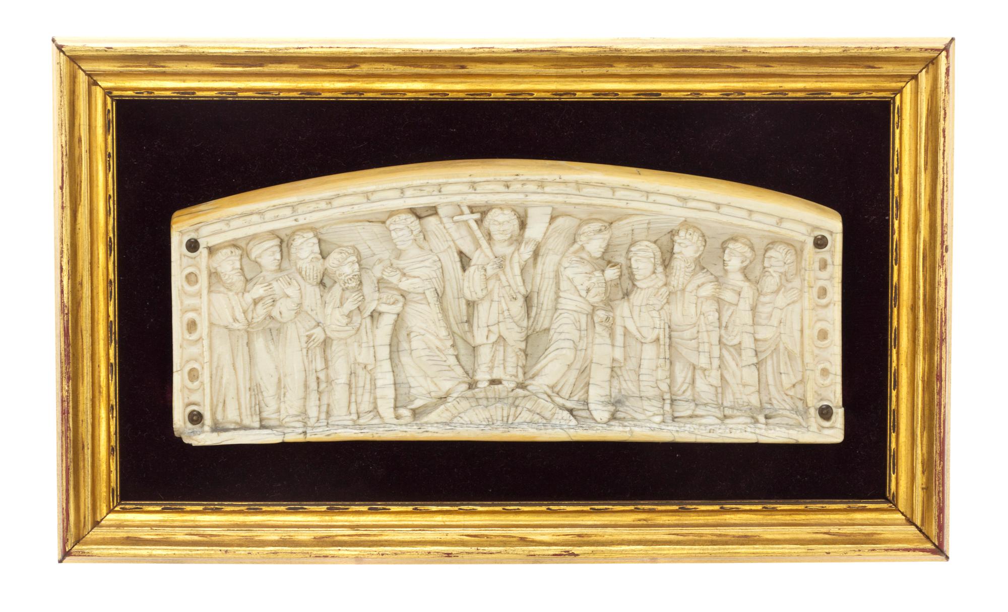 A Continental Carved Ivory Plaque, Height of ivory 3 1/4 x width 8 1/4 inches.