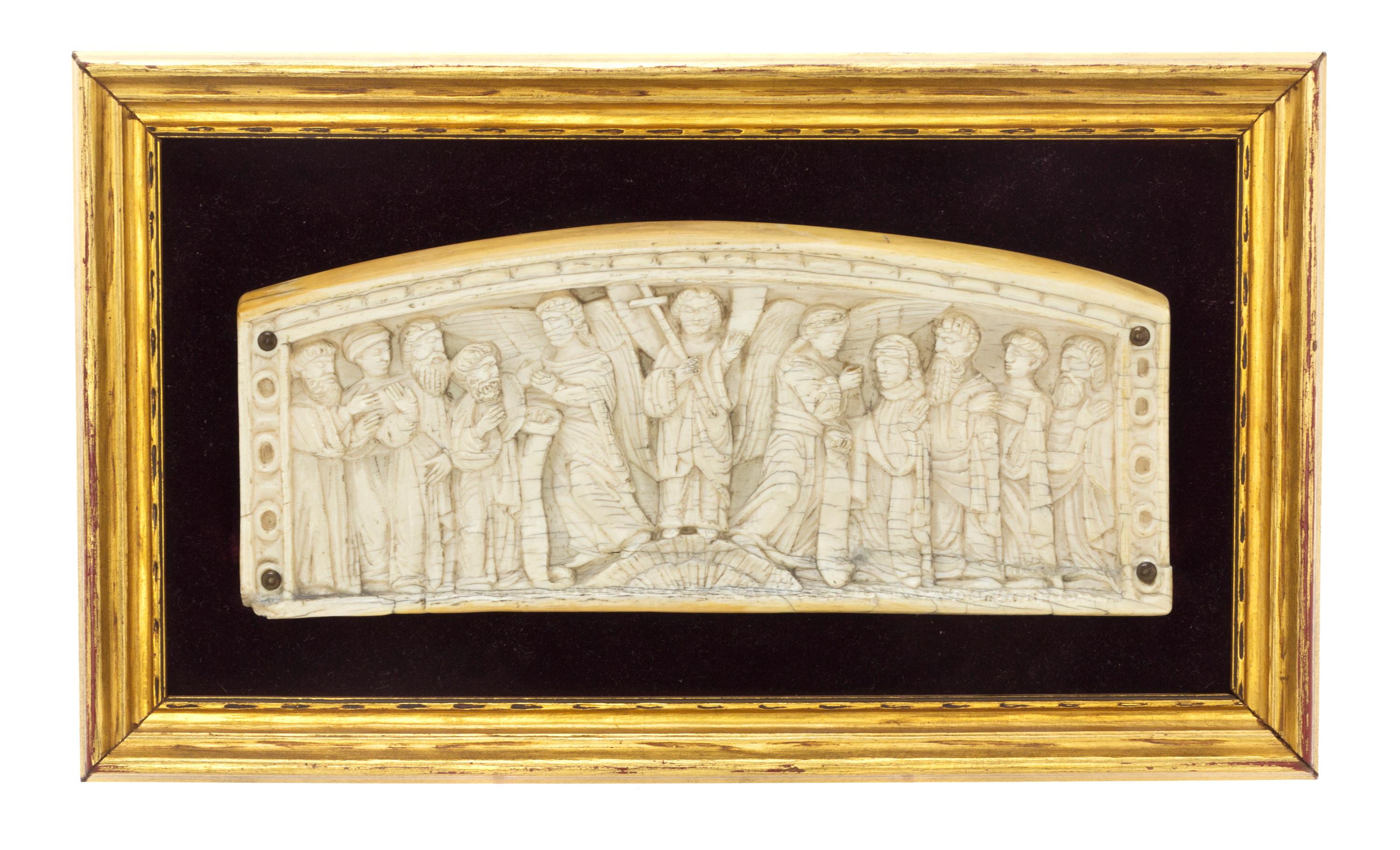 A Continental Carved Ivory Plaque, Height of ivory 3 1/4 x width 8 1/4 inches.