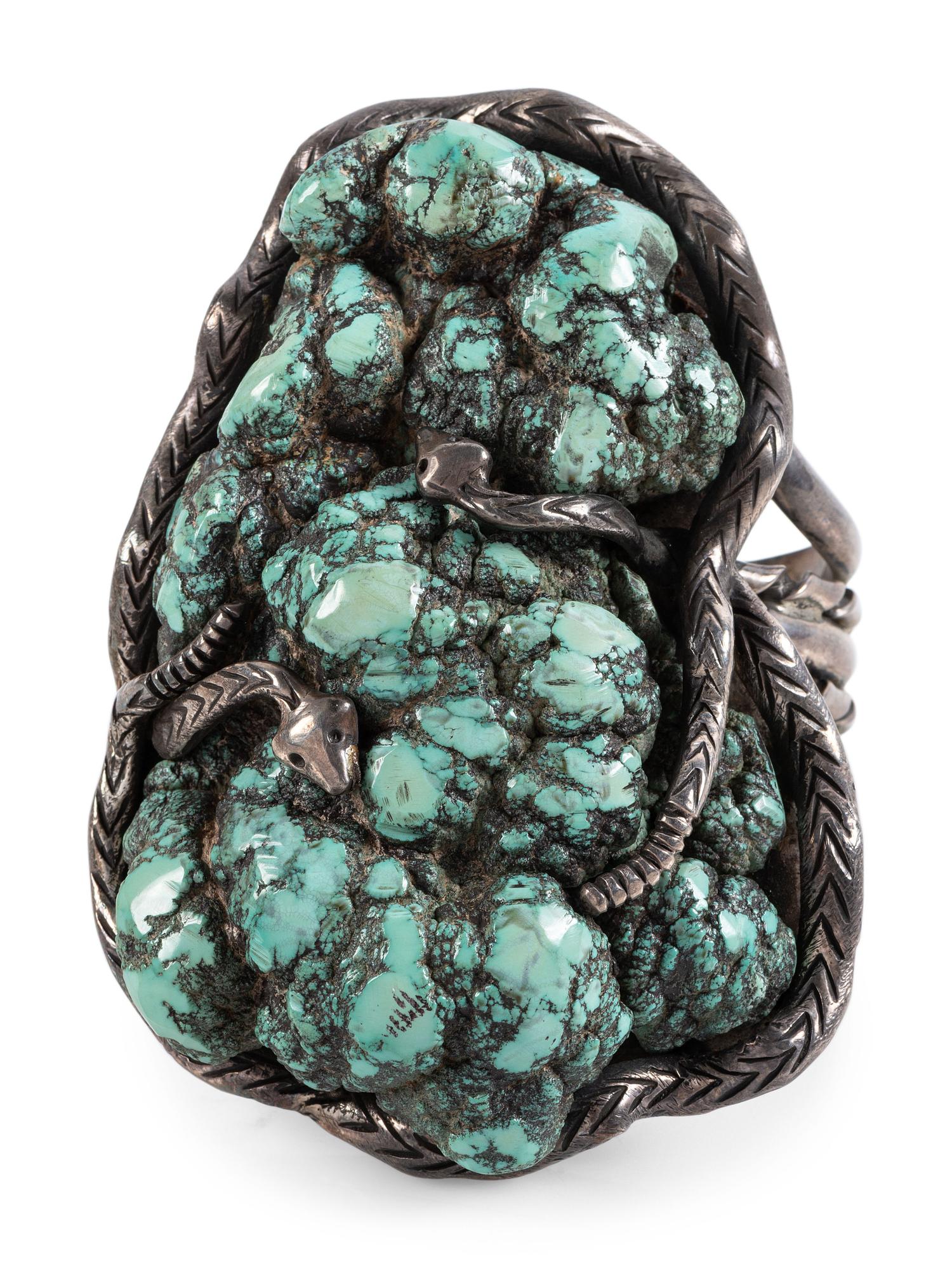 Large Navajo Silver and Turquoise Nugget Cuff Bracelet, with Snake Bezel