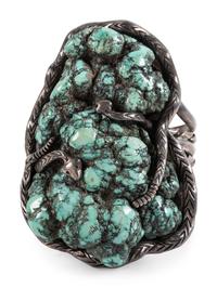 Large Navajo Silver and Turquoise Nugget Cuff Bracelet, with Snake Bezel