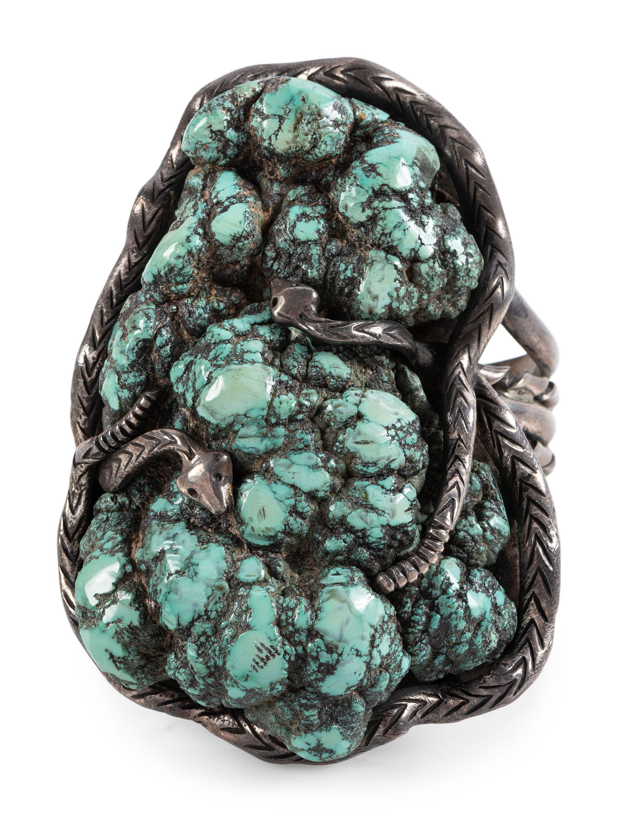 Large Navajo Silver and Turquoise Nugget Cuff Bracelet, with Snake Bezel