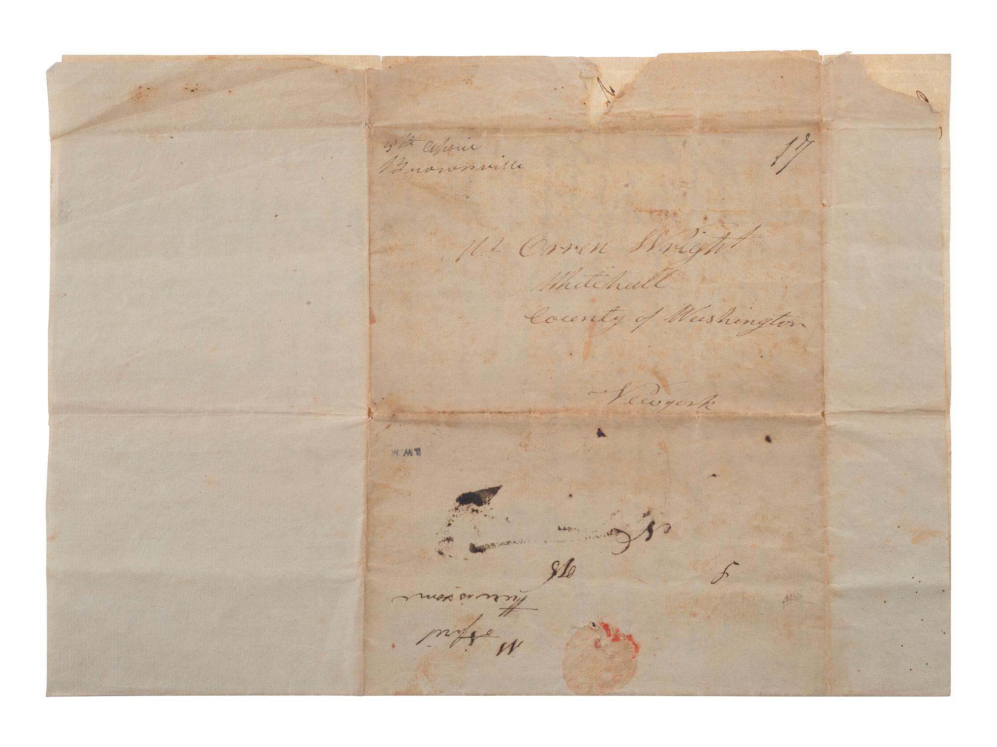 [WAR OF 1812]. Letter describing military movements in Upstate New York, written by Ira Wright. Brownville, 4 April 1813.