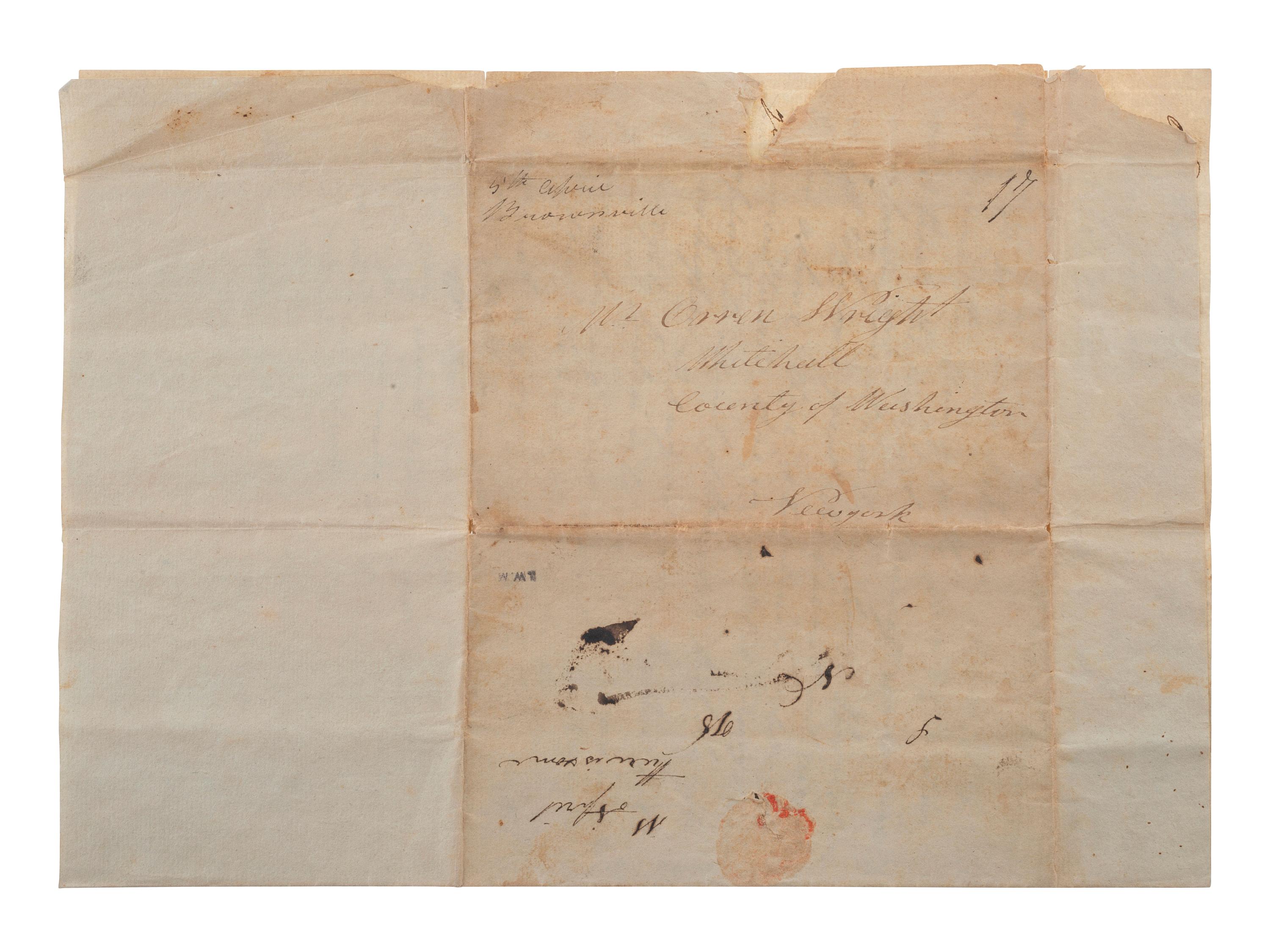 [WAR OF 1812]. Letter describing military movements in Upstate New York, written by Ira Wright. Brownville, 4 April 1813.