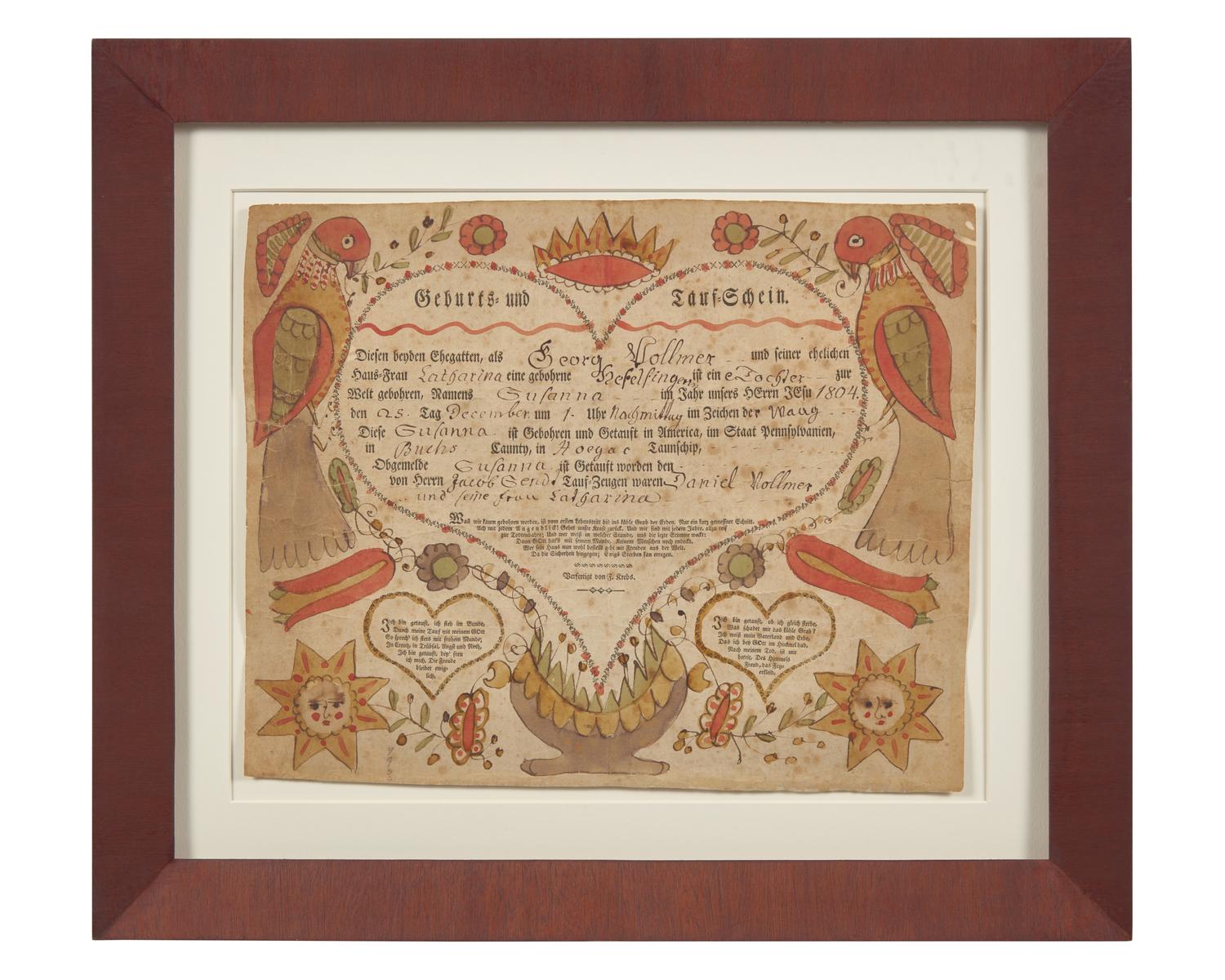 A Printed and Hand-Colored Birth and Baptism Record for George Kolmer, Johann Jacob Friedrich Krebs (1749-1815), Pennsylvania