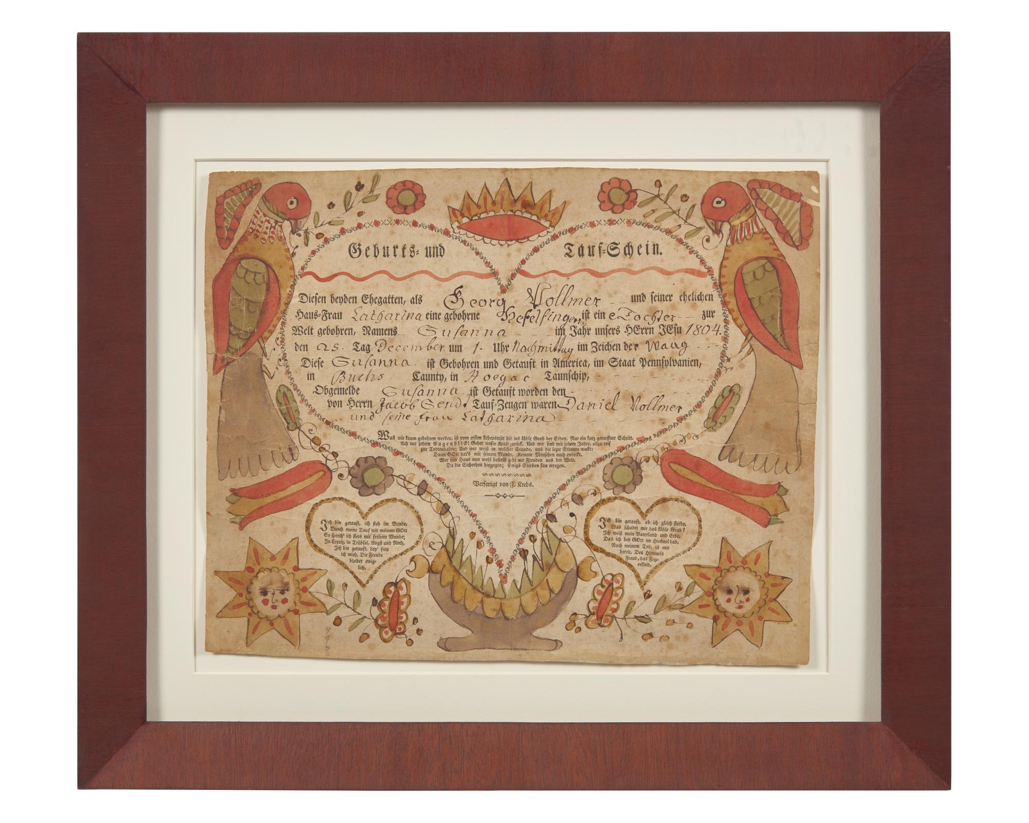 A Printed and Hand-Colored Birth and Baptism Record for George Kolmer, Johann Jacob Friedrich Krebs (1749-1815), Pennsylvania