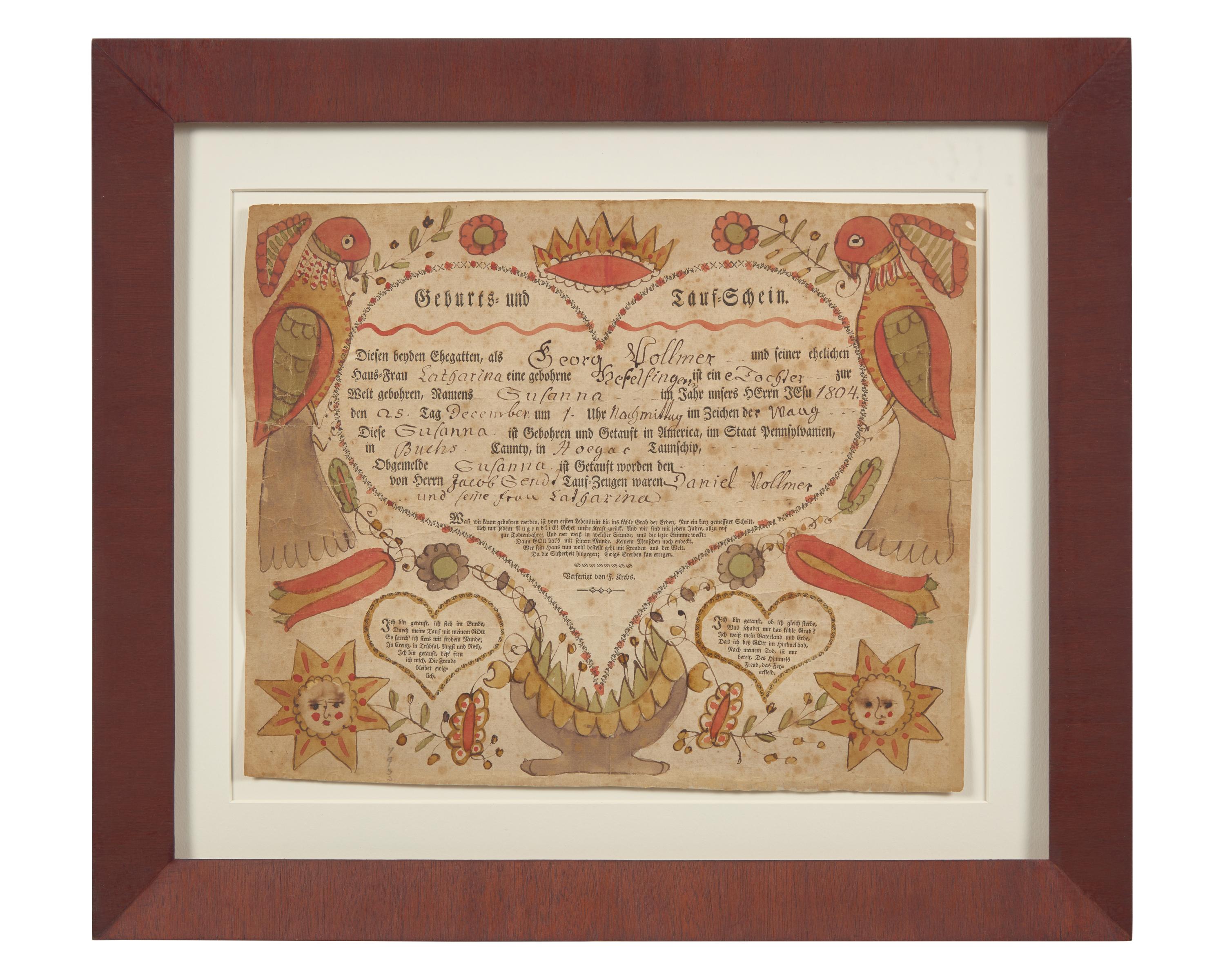 A Printed and Hand-Colored Birth and Baptism Record for George Kolmer, Johann Jacob Friedrich Krebs (1749-1815), Pennsylvania