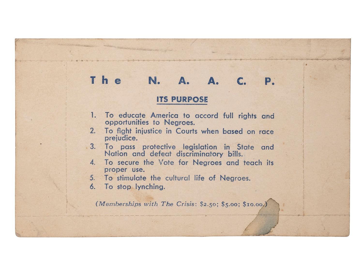 [CIVIL RIGHTS]. NAACP membership card identified to Robert Washington, Dillwyn, Virginia. 1942.